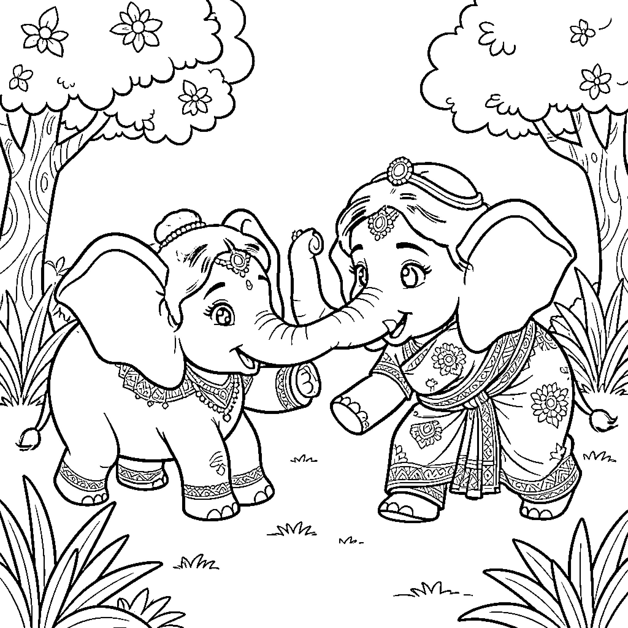 Jasmine elephants playing joyfully in a forest setting Coloring Page (free black-and-white line drawing printable PDF for all, from beginners to advanced learners, including children, teens, adults, and seniors)