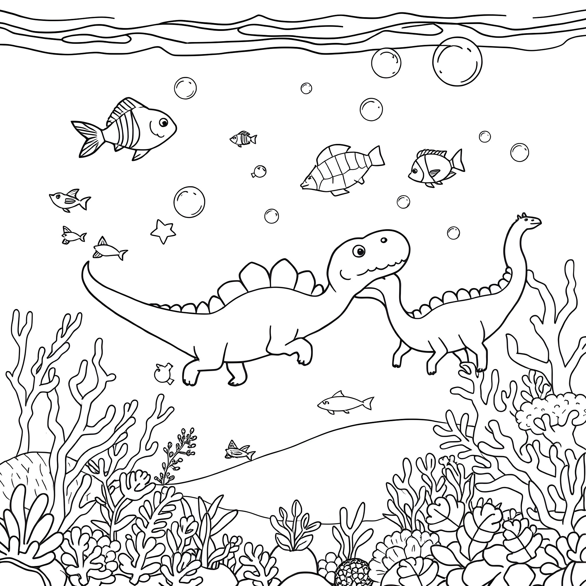 Dinosaurs exploring the underwater world Coloring Page (free black-and-white line drawing printable PDF for all, from beginners to advanced learners, including children, teens, adults, and seniors)