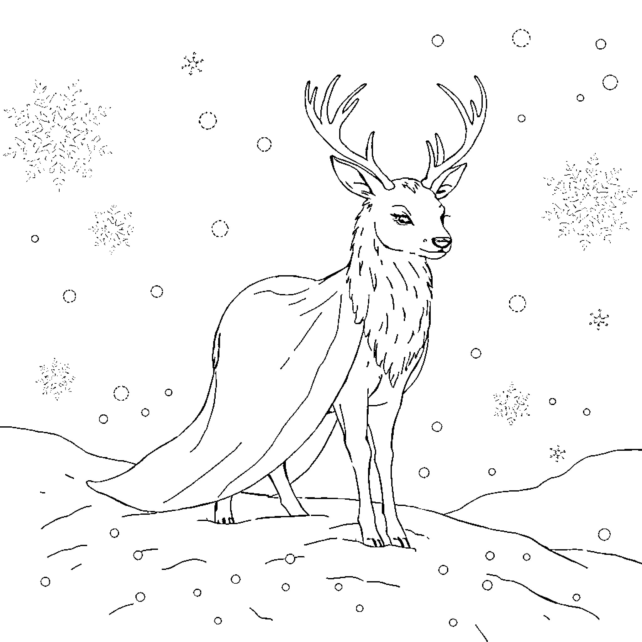 Snow Queen - Deer in Snowy Landscape Coloring Page (free black-and-white line drawing printable PDF for all, from beginners to advanced learners, including children, teens, adults, and seniors)