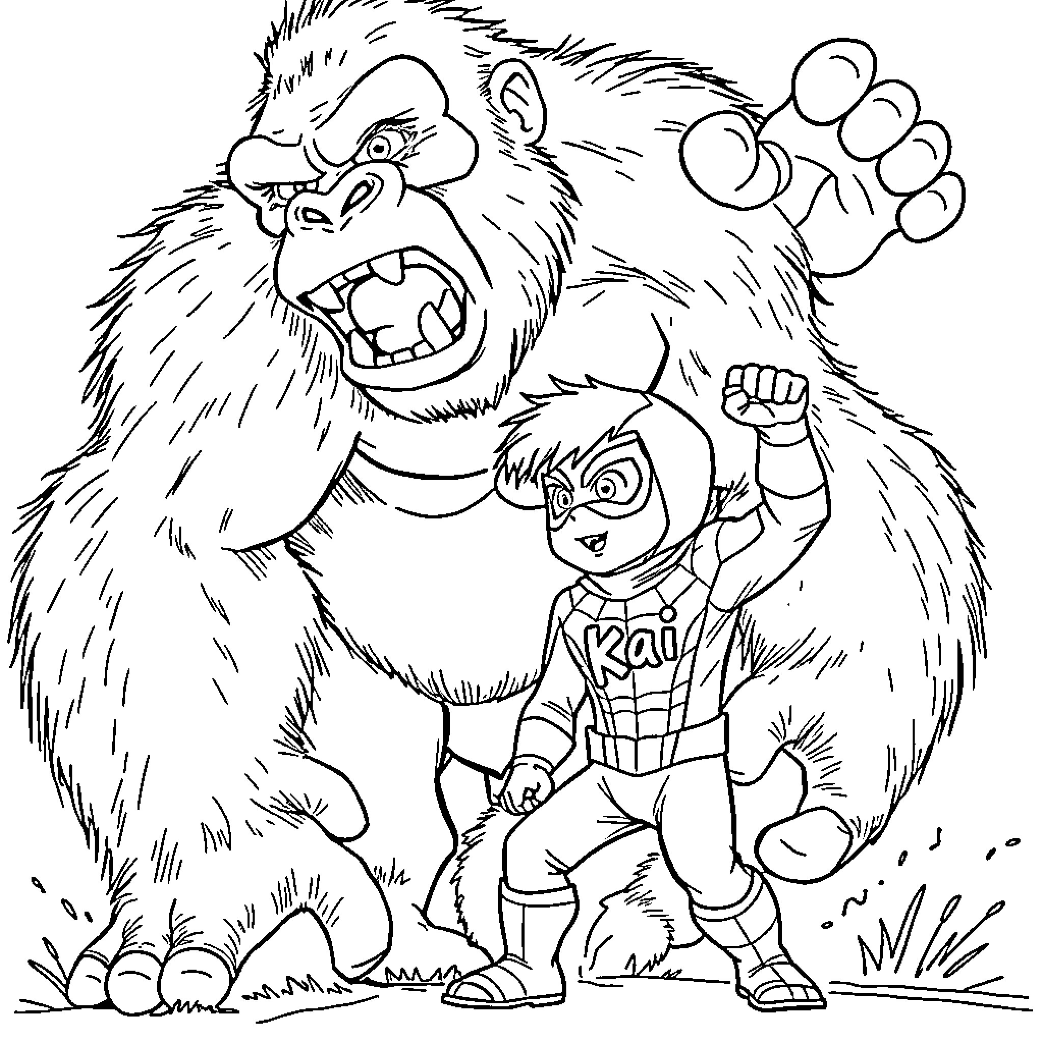 Spiderman confronting a ferocious bear Coloring Page (free black-and-white line drawing printable PDF for all, from beginners to advanced learners, including children, teens, adults, and seniors)