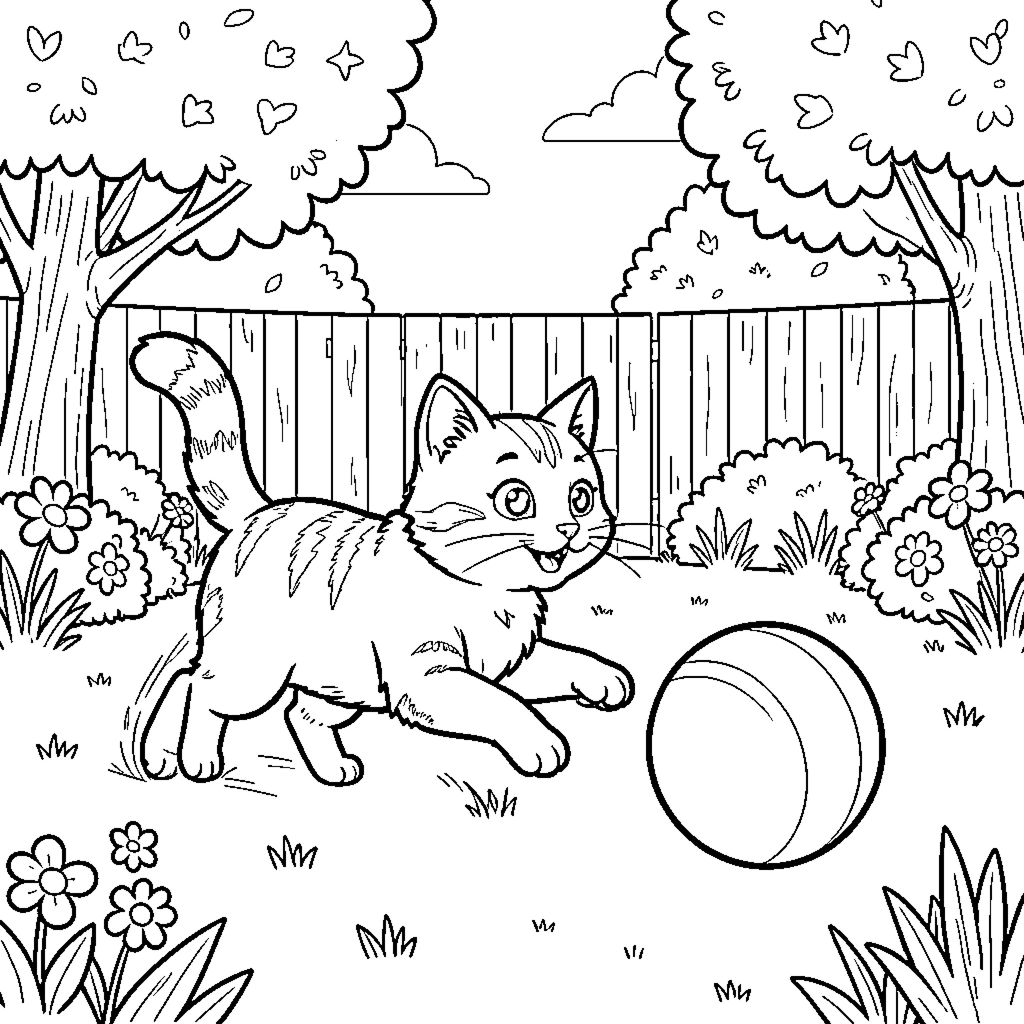 Cat playing with a ball in the garden Coloring Page (free black-and-white line drawing printable PDF for all, from beginners to advanced learners, including children, teens, adults, and seniors)