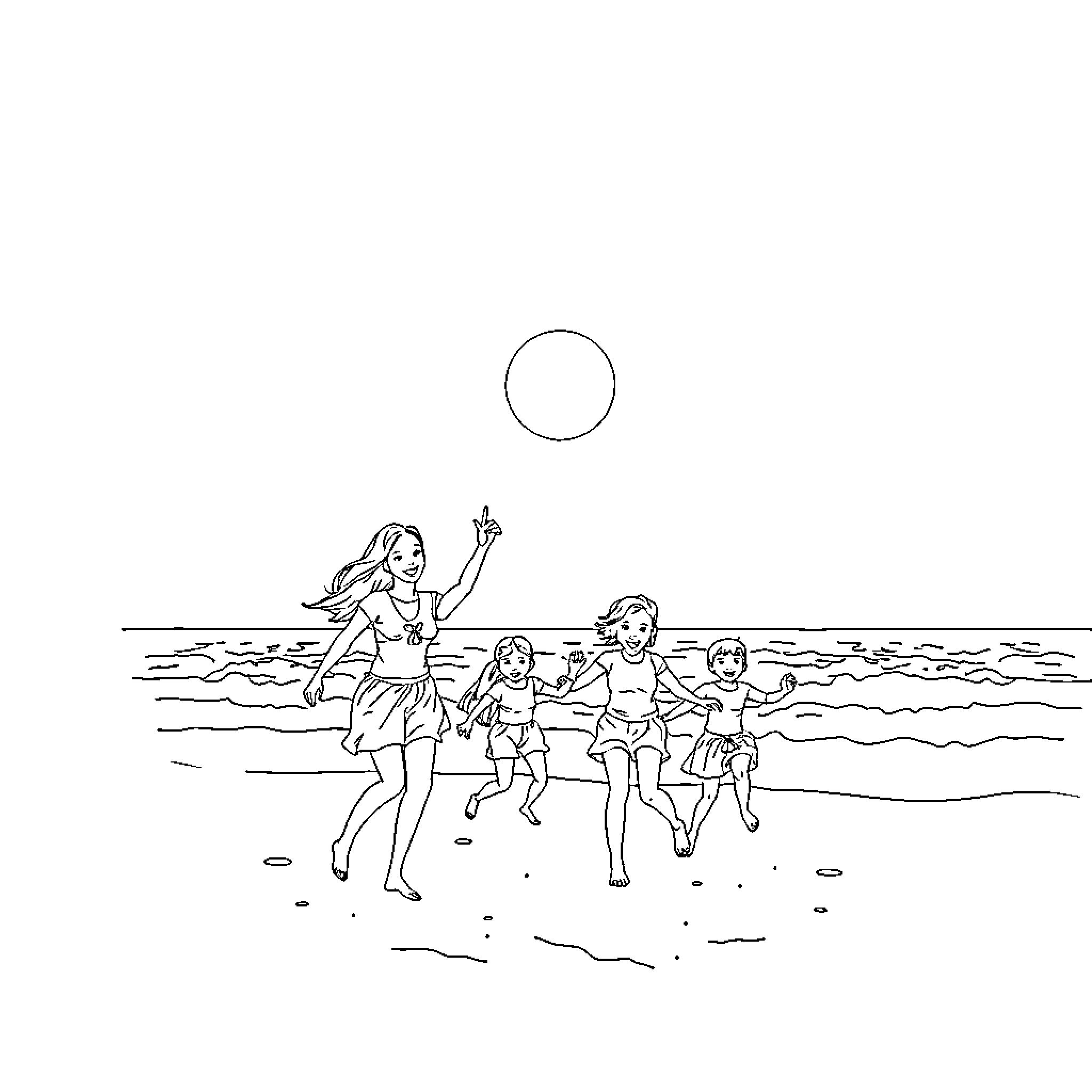Family playing together at the beach Coloring Page (free black-and-white line drawing printable PDF for all, from beginners to advanced learners, including children, teens, adults, and seniors)