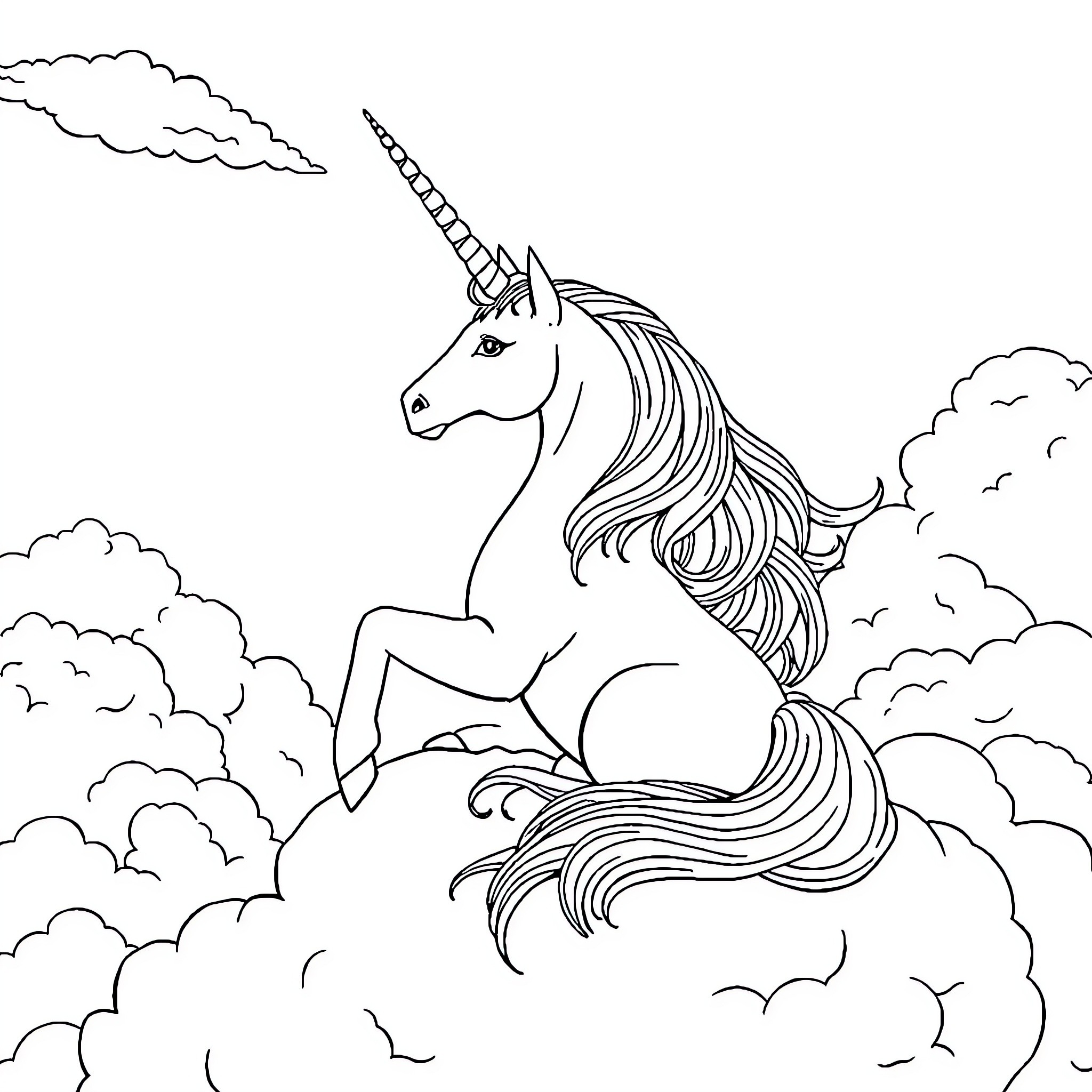 Unicorn soaring through the ethereal clouds Coloring Page (free black-and-white line drawing printable PDF for all, from beginners to advanced learners, including children, teens, adults, and seniors)
