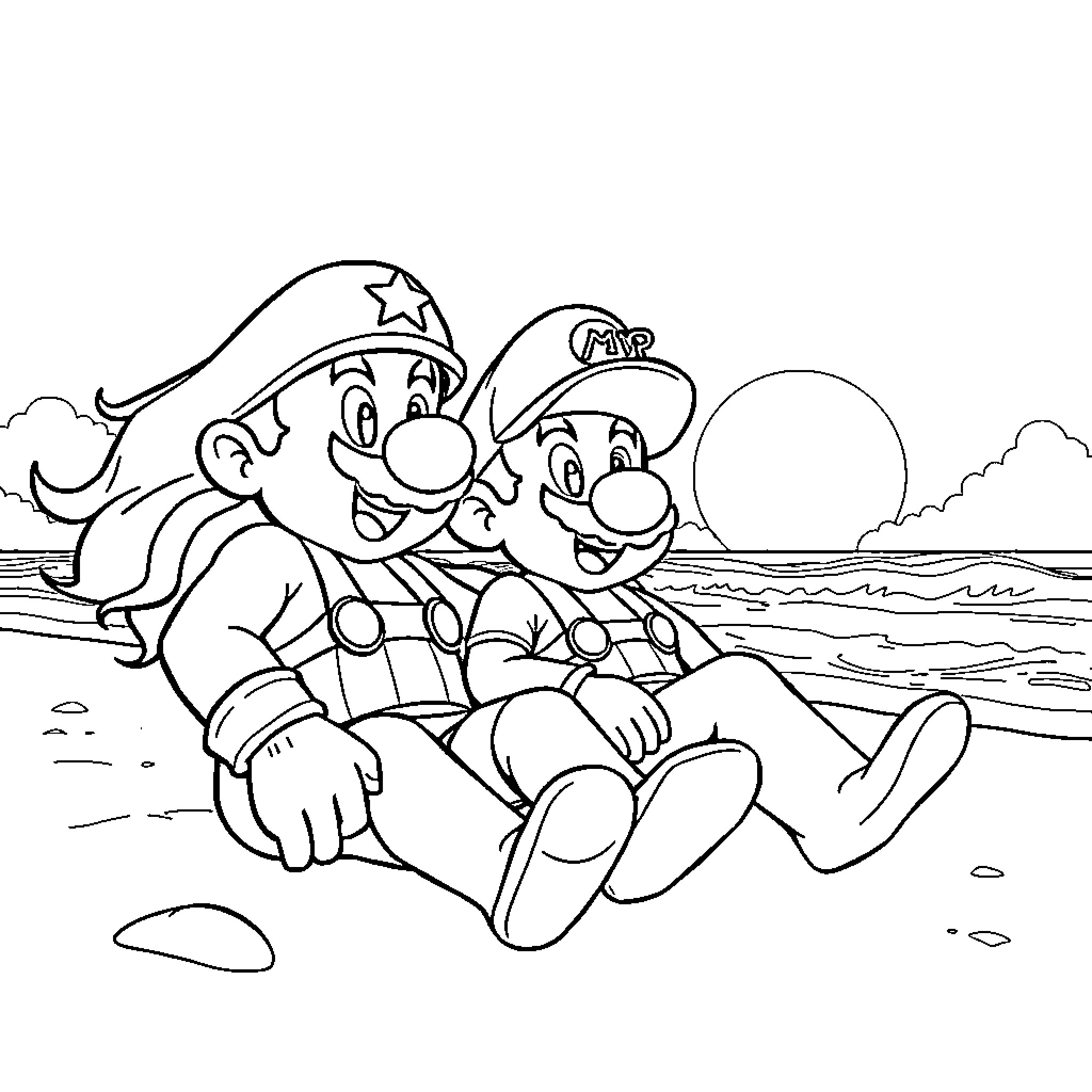 Captain America and Friend Relaxing on the Beach Coloring Page (free black-and-white line drawing printable PDF for all, from beginners to advanced learners, including children, teens, adults, and seniors)