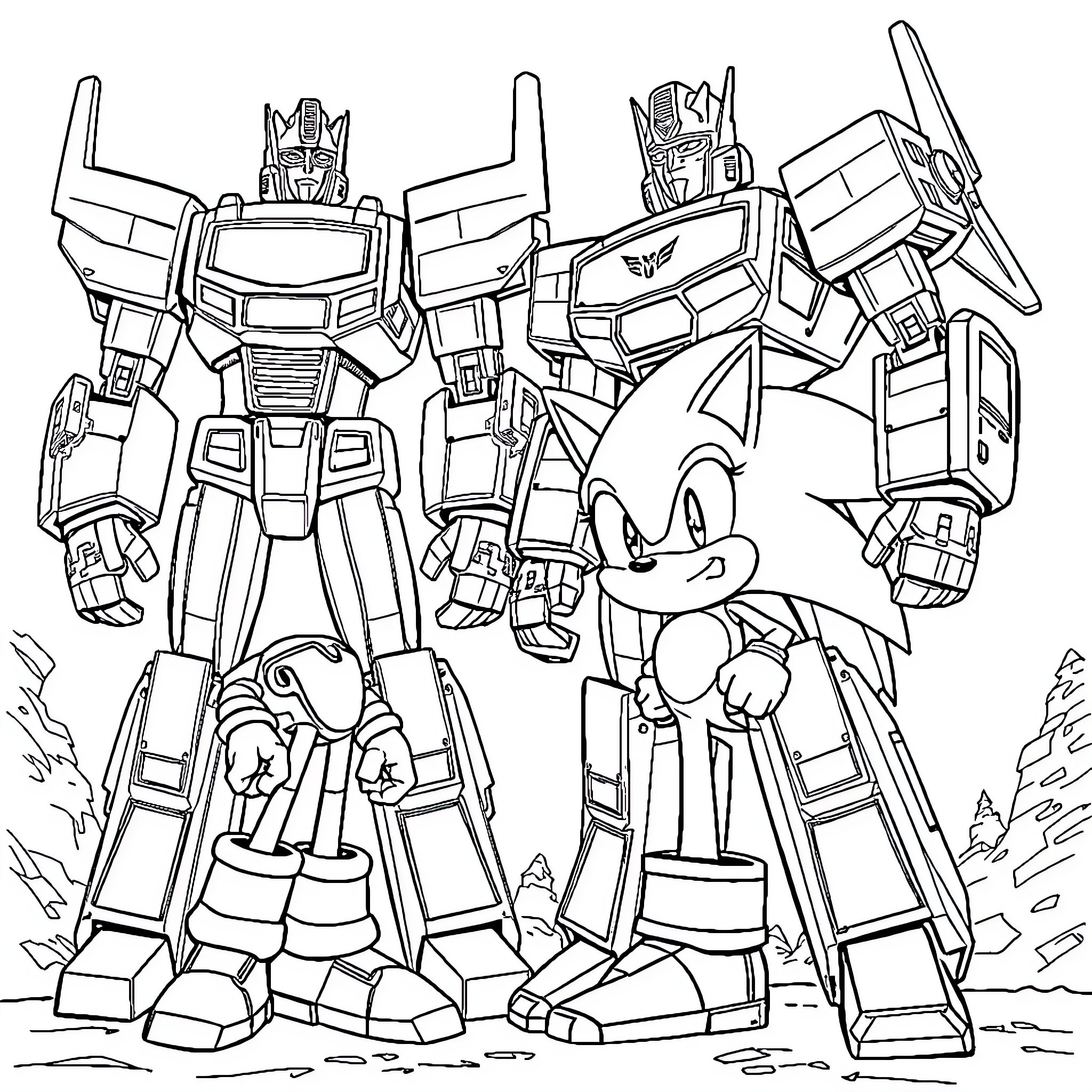 Transformers and Sonic the Hedgehog in Action Coloring Page (free black-and-white line drawing printable PDF for all, from beginners to advanced learners, including children, teens, adults, and seniors)
