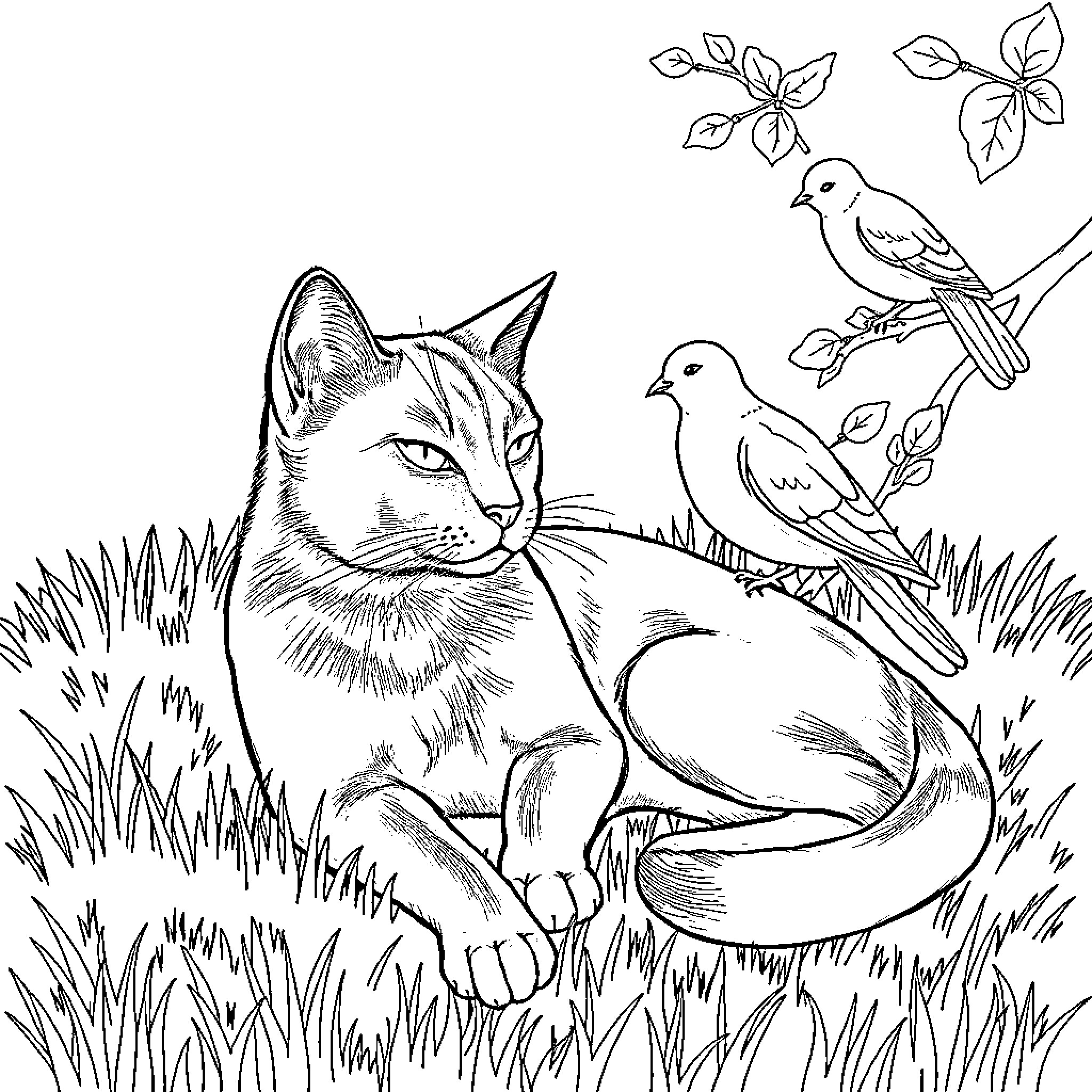 Cat observing birds in the garden Coloring Page (free black-and-white line drawing printable PDF for all, from beginners to advanced learners, including children, teens, adults, and seniors)