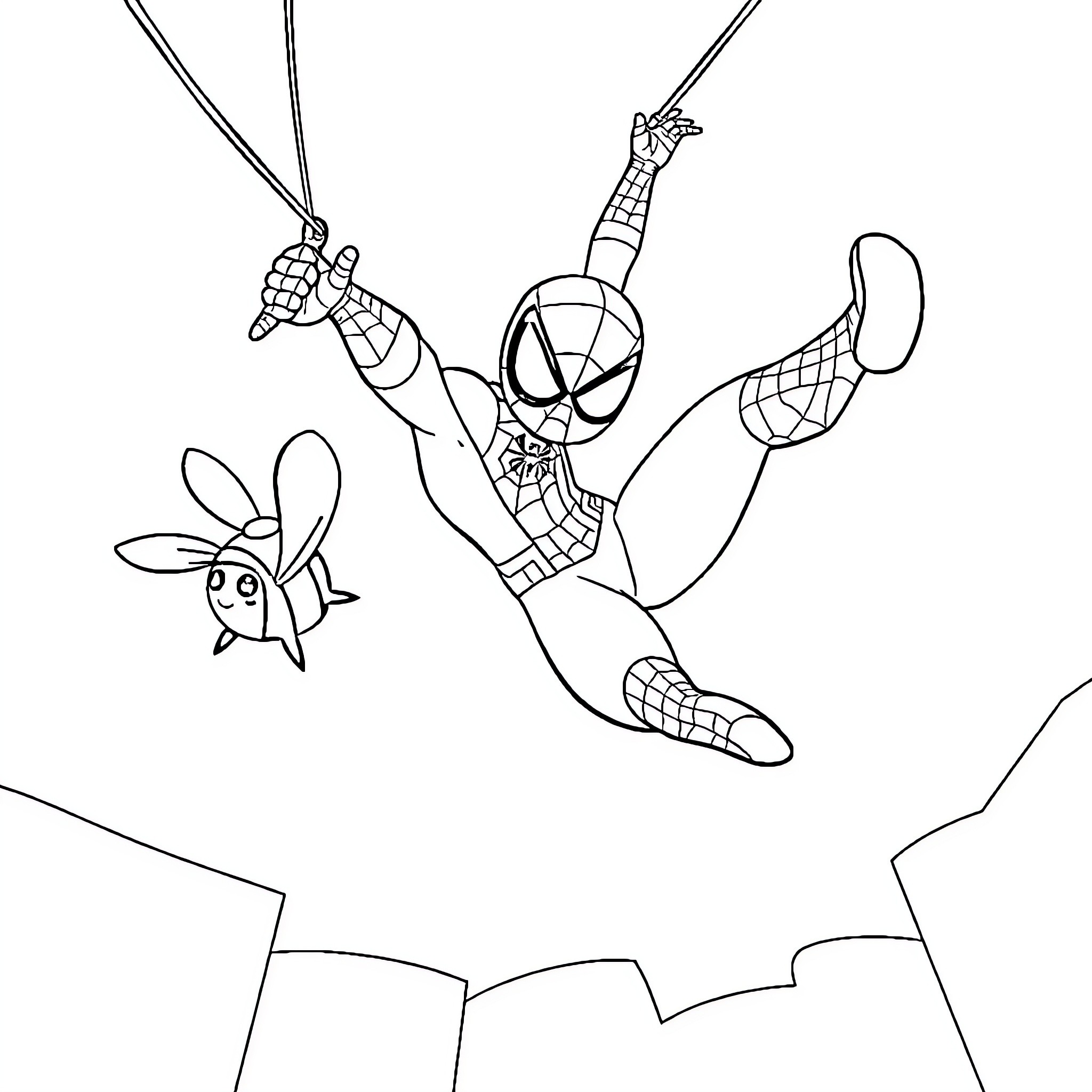 Spiderman swinging and fighting villains in the city Coloring Page (free black-and-white line drawing printable PDF for all, from beginners to advanced learners, including children, teens, adults, and seniors)