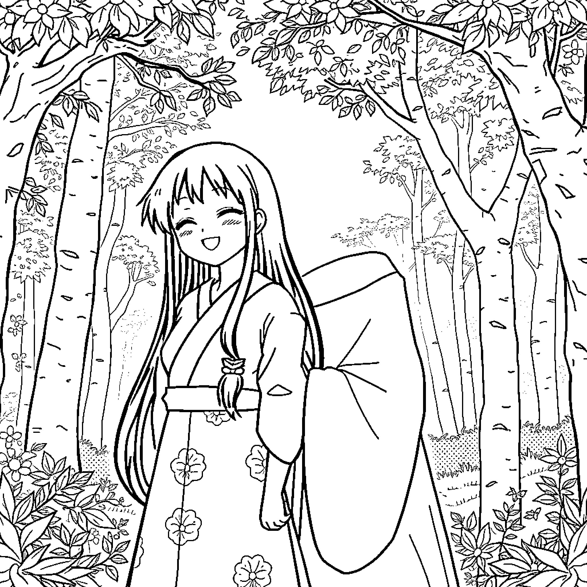Kanae Kocho - Smiling girl in traditional Japanese attire amidst nature Coloring Page (free black-and-white line drawing printable PDF for all, from beginners to advanced learners, including children, teens, adults, and seniors)