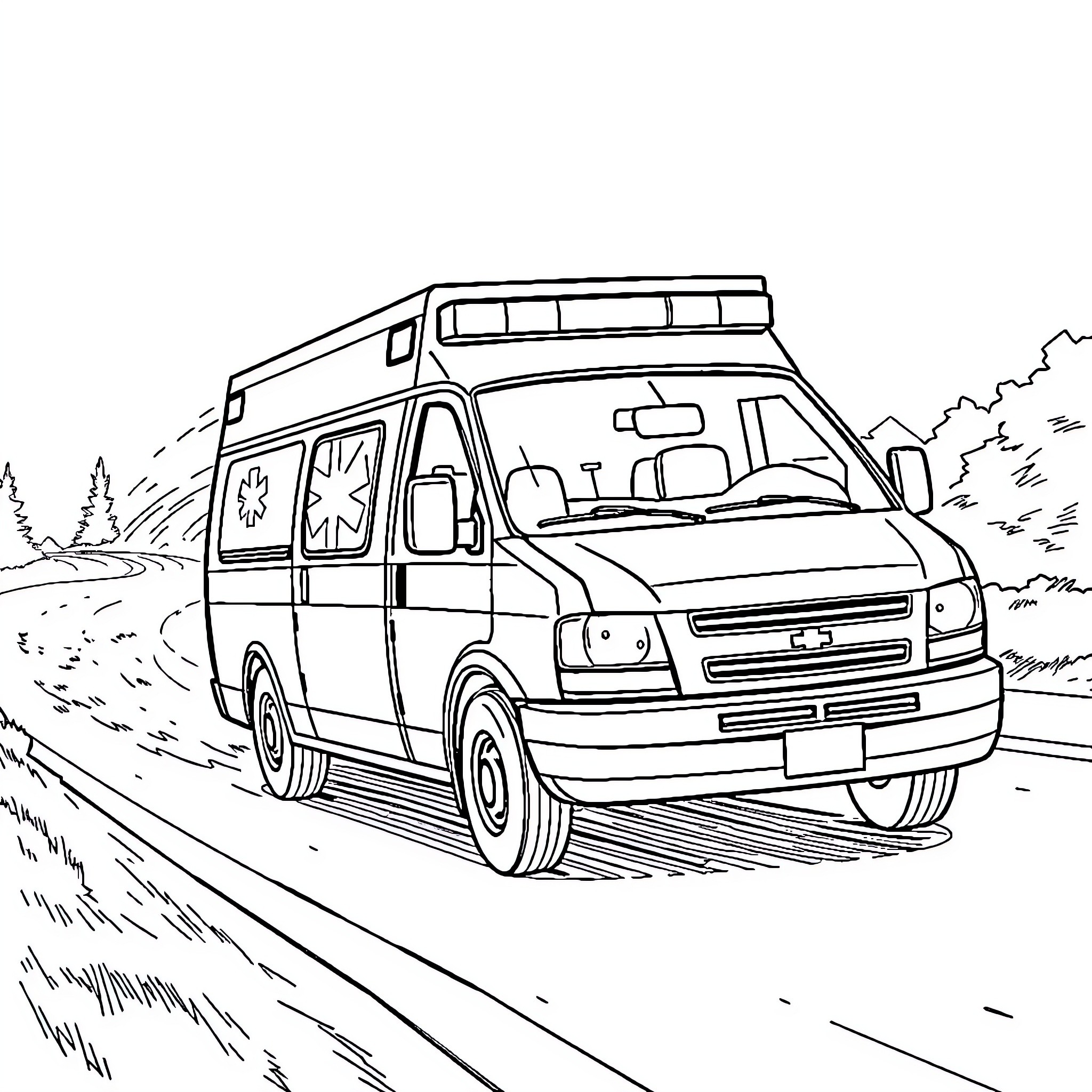 Ambulance rushing down the road to respond to an emergency Coloring Page (free black-and-white line drawing printable PDF for all, from beginners to advanced learners, including children, teens, adults, and seniors)