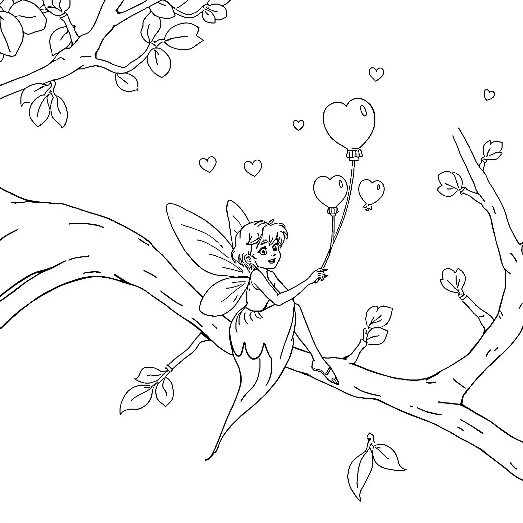 Feerial Fairy Floating with Heart Balloons Coloring Page (free black-and-white line drawing printable PDF for all, from beginners to advanced learners, including children, teens, adults, and seniors)