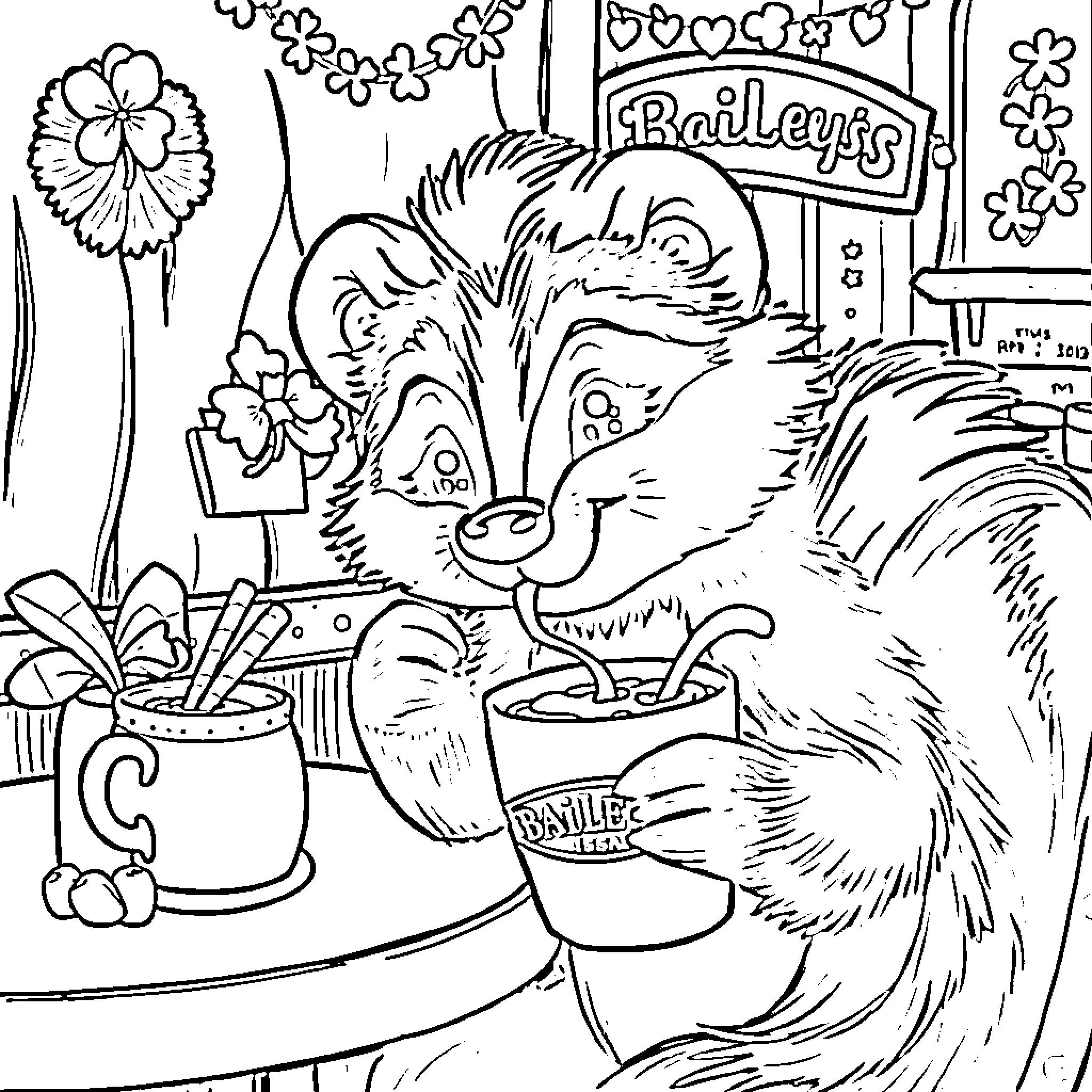 Skunk enjoying Irish-themed treats in a festive setting Coloring Page (free black-and-white line drawing printable PDF for all, from beginners to advanced learners, including children, teens, adults, and seniors)