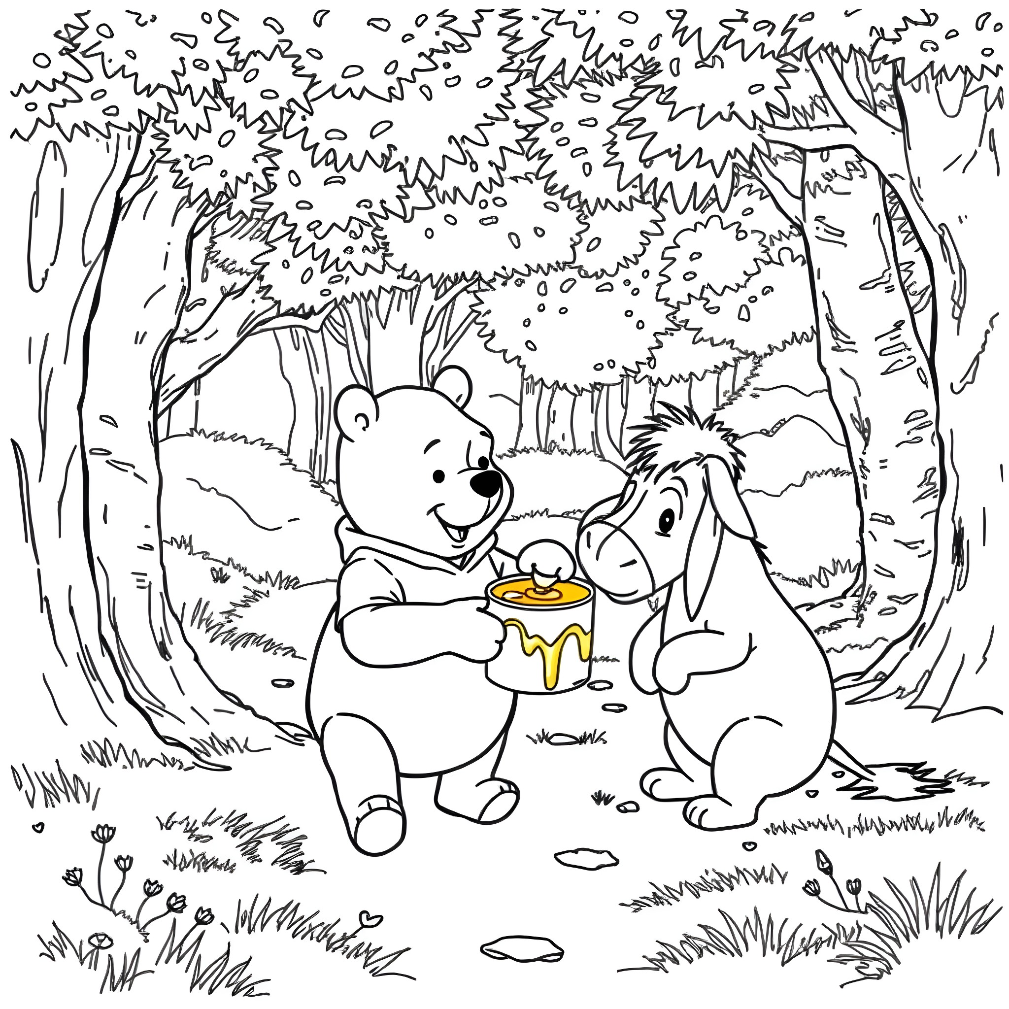 Winnie The Pooh and Eeyore enjoying a snack in the forest Coloring Page (free black-and-white line drawing printable PDF for all, from beginners to advanced learners, including children, teens, adults, and seniors)