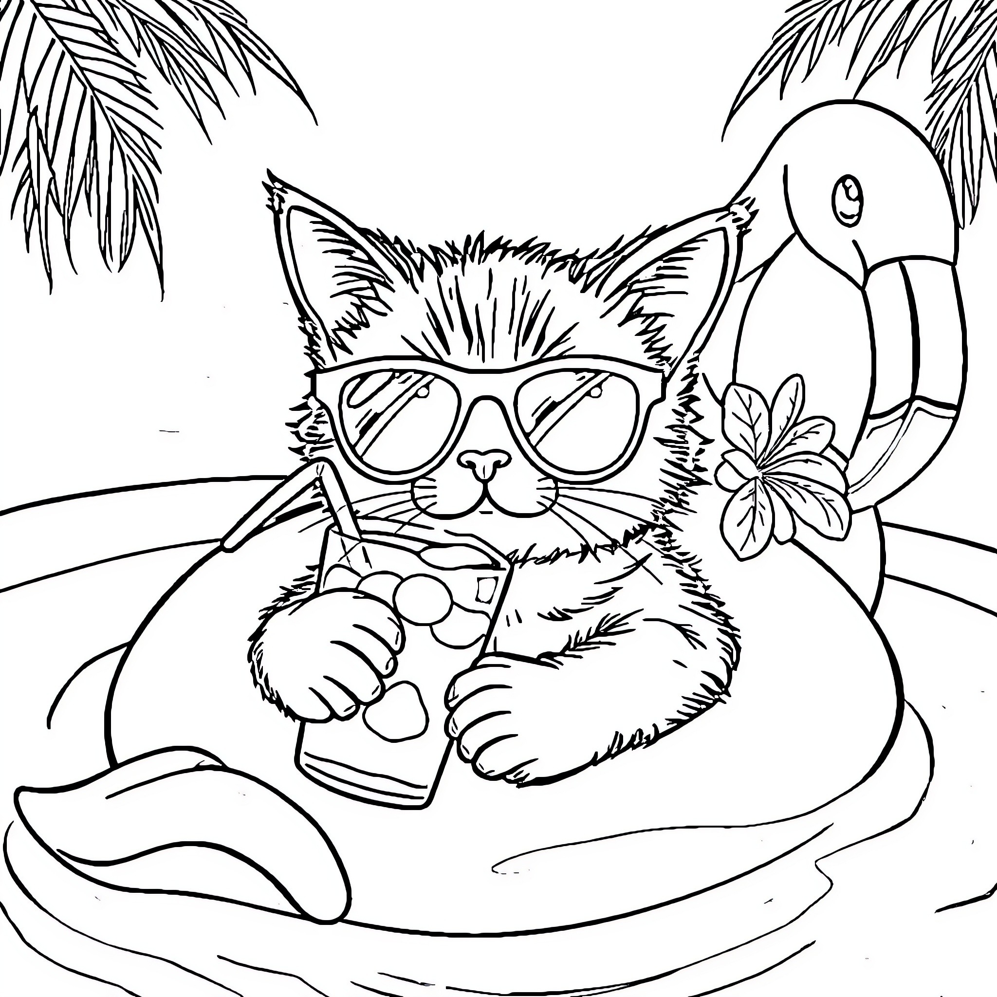 Cat relaxing with tropical bird on beach Coloring Page (free black-and-white line drawing printable PDF for all, from beginners to advanced learners, including children, teens, adults, and seniors)