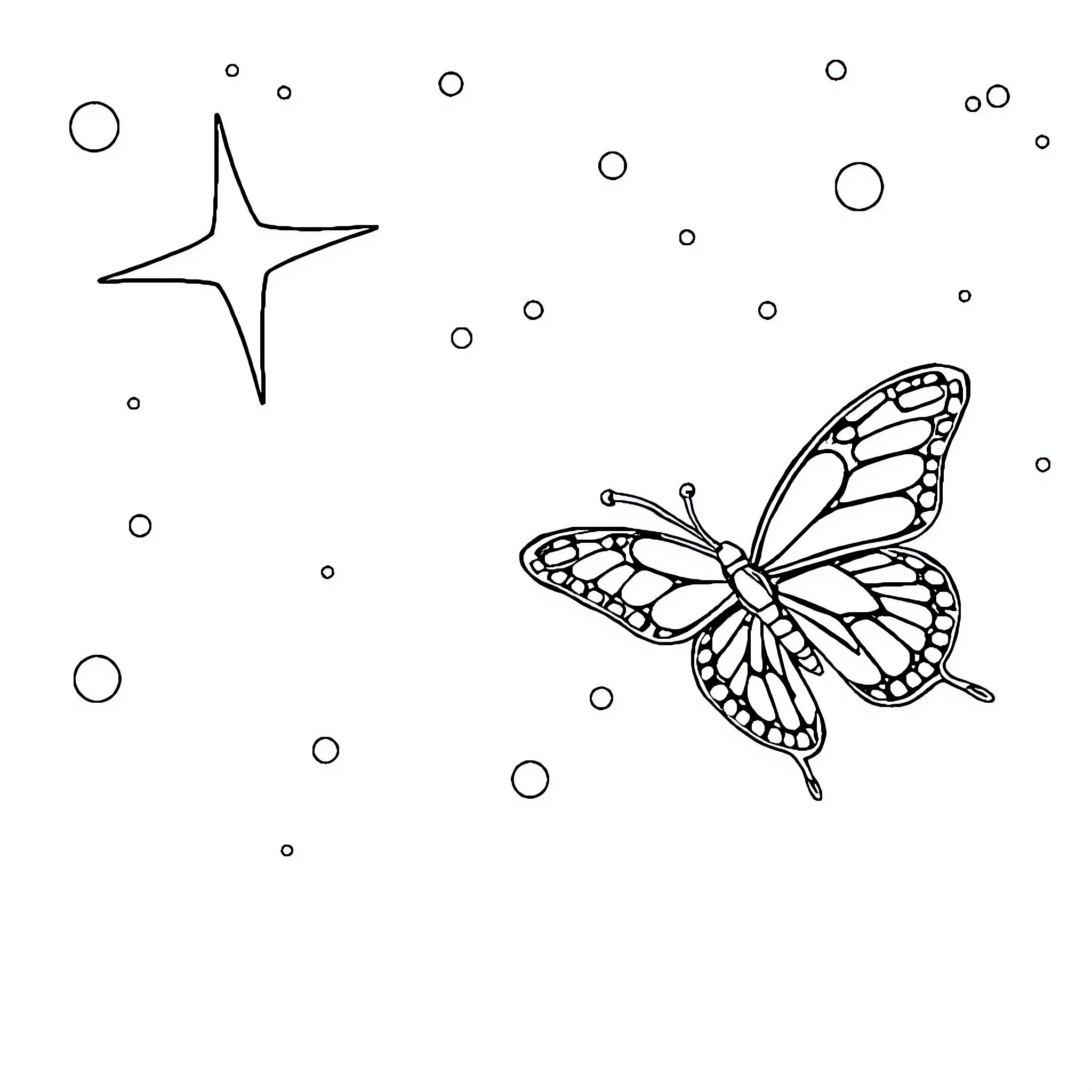 Star and Butterfly in Night Sky Coloring Page (free black-and-white line drawing printable PDF for all, from beginners to advanced learners, including children, teens, adults, and seniors)