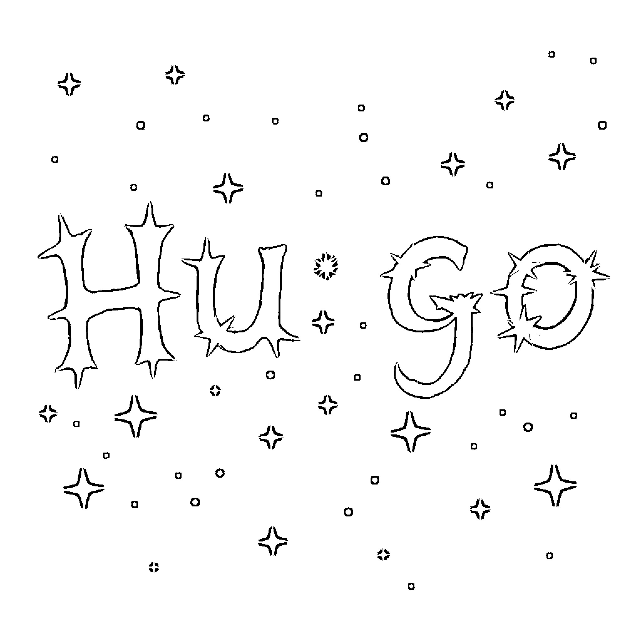 Hugo's Whimsical Starry Scene Coloring Page (free black-and-white line drawing printable PDF for all, from beginners to advanced learners, including children, teens, adults, and seniors)