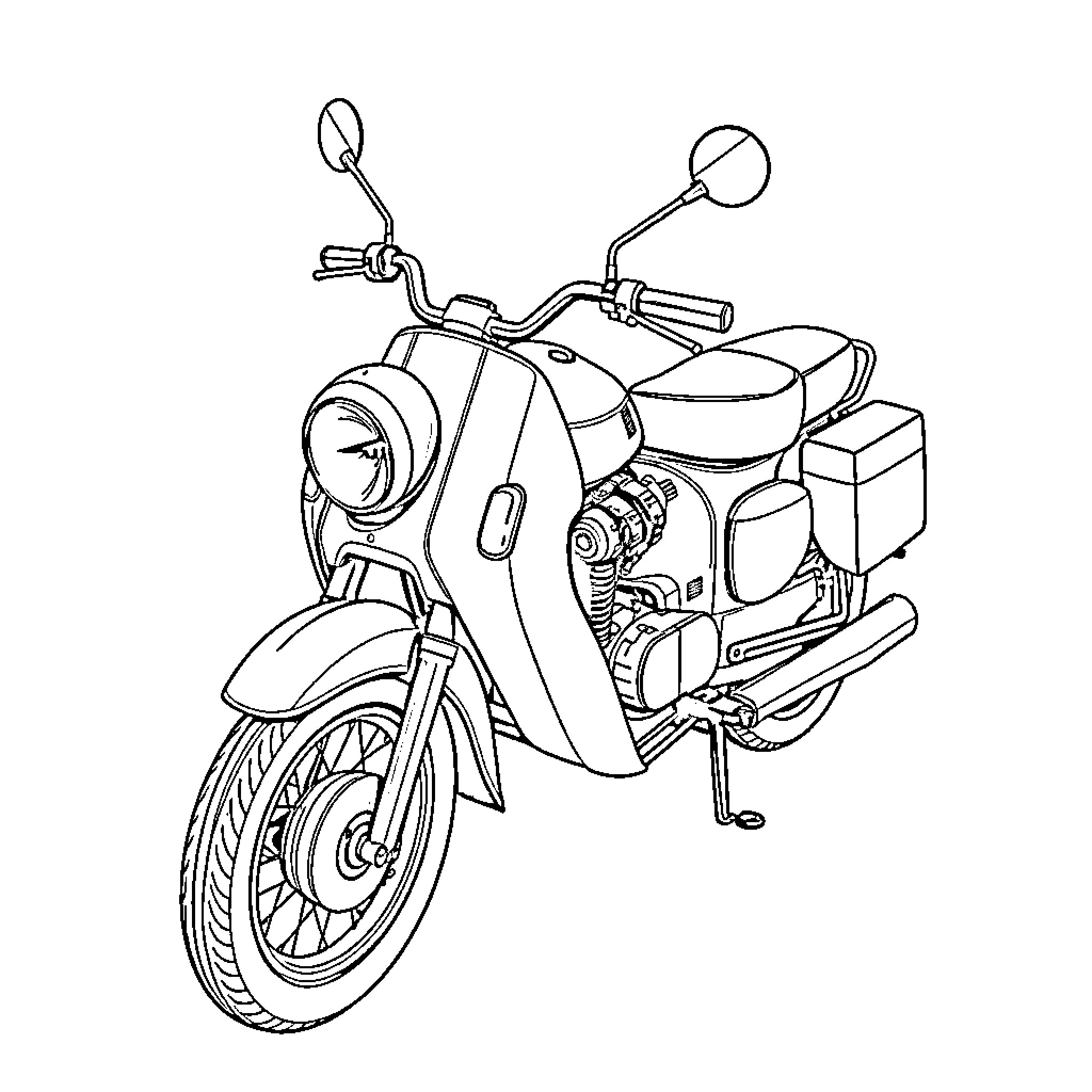 Simson S50 motorcycle in simple line drawing Coloring Page (free black-and-white line drawing printable PDF for all, from beginners to advanced learners, including children, teens, adults, and seniors)