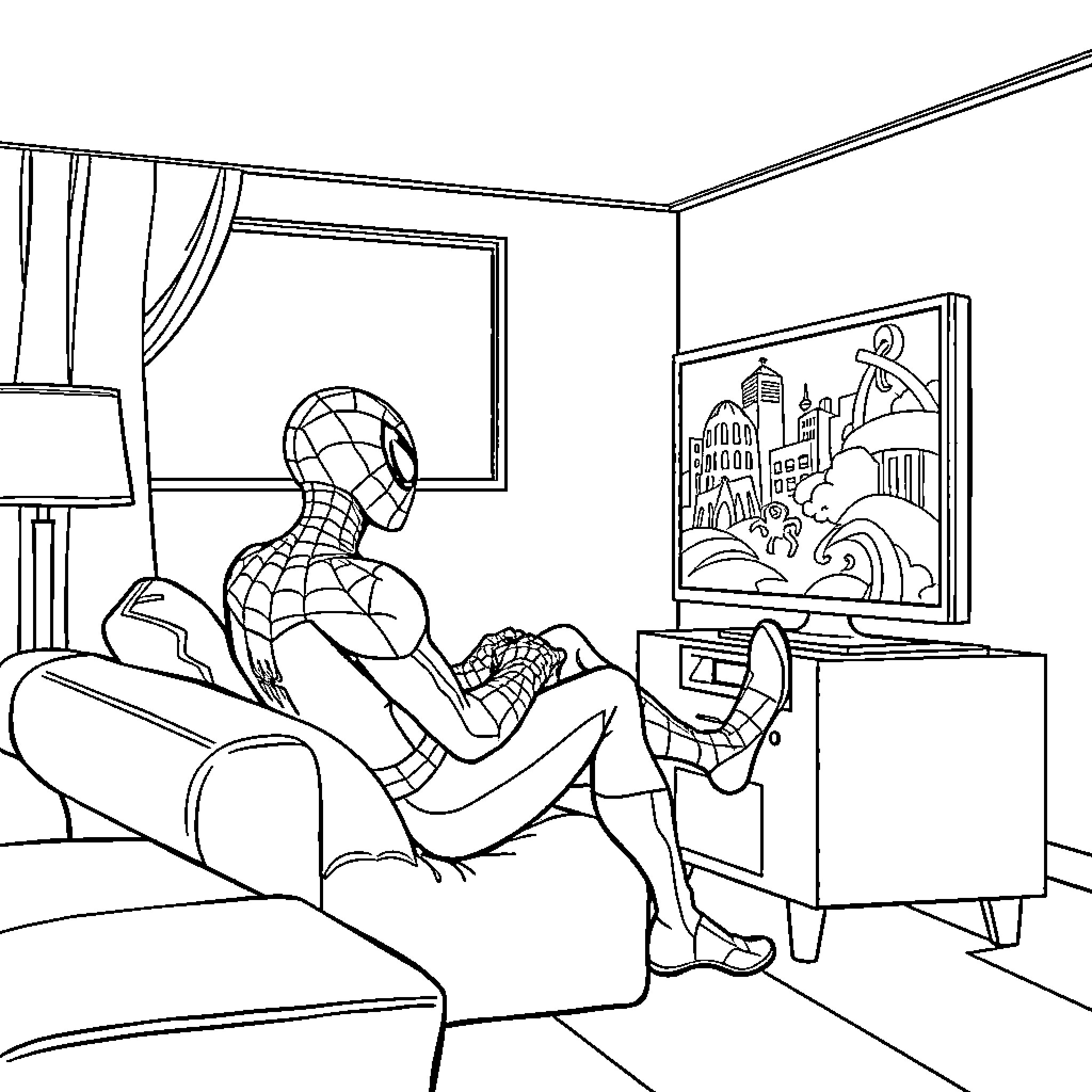 Spider-Man relaxing at home on the couch Coloring Page (free black-and-white line drawing printable PDF for all, from beginners to advanced learners, including children, teens, adults, and seniors)