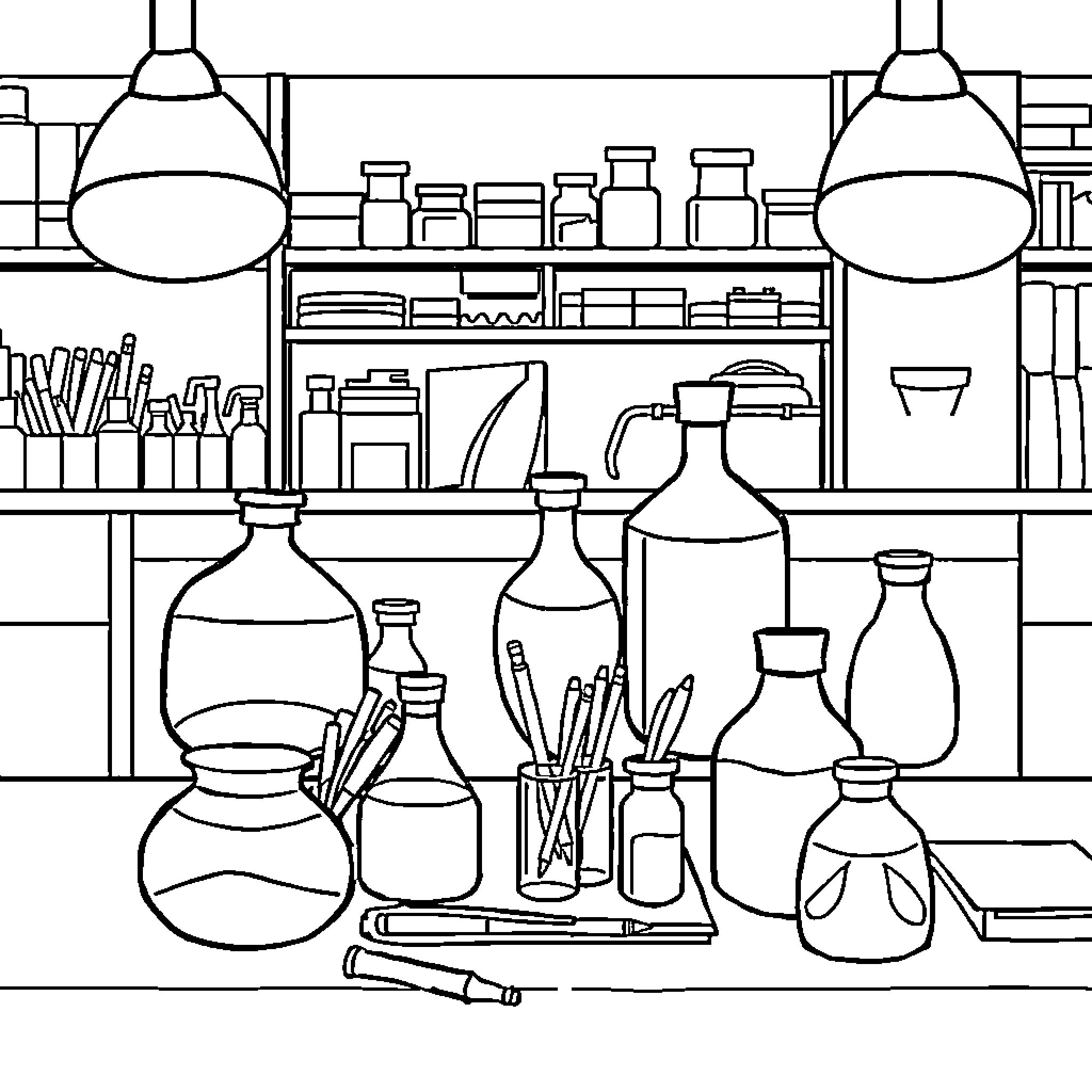 Laboratory Material Assortment in Scientific Workspace Coloring Page (free black-and-white line drawing printable PDF for all, from beginners to advanced learners, including children, teens, adults, and seniors)