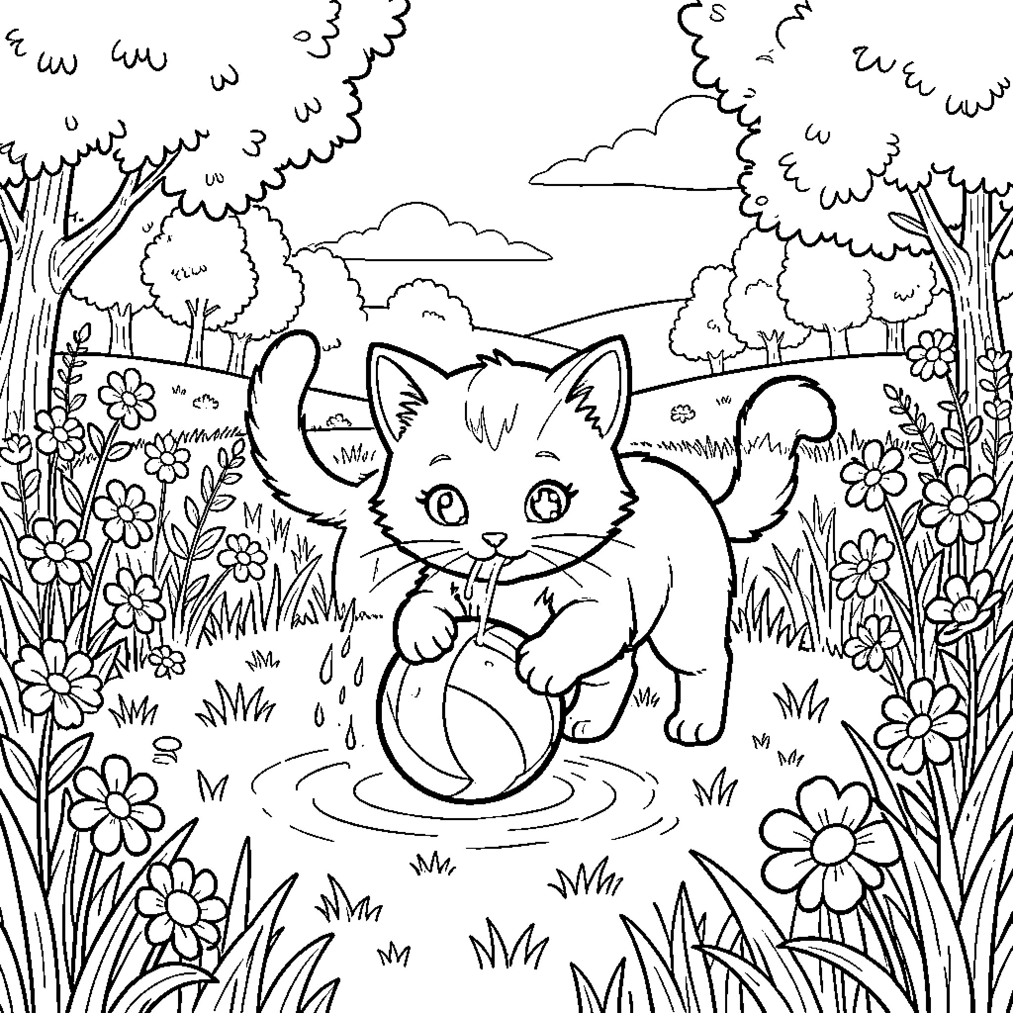 Gato playing joyfully in the forest Coloring Page (free black-and-white line drawing printable PDF for all, from beginners to advanced learners, including children, teens, adults, and seniors)