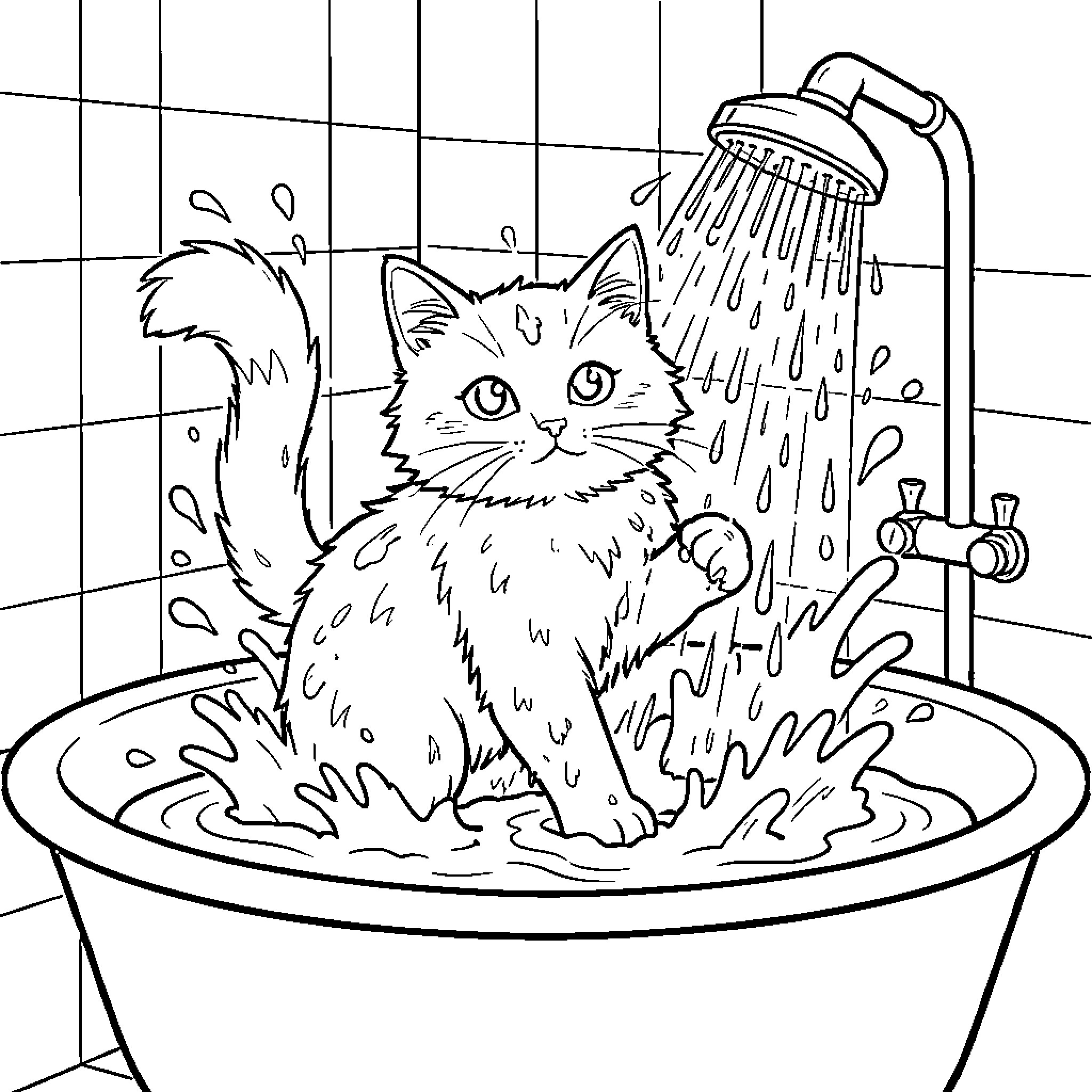 Cat getting a shower in the bathtub Coloring Page (free black-and-white line drawing printable PDF for all, from beginners to advanced learners, including children, teens, adults, and seniors)