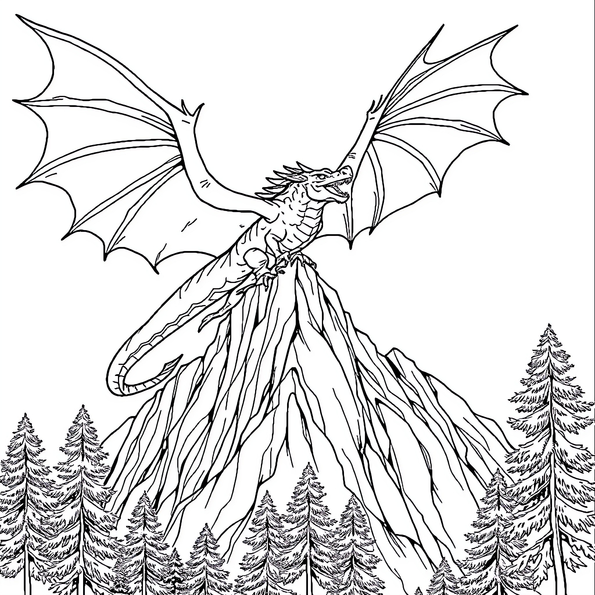 Dragon soaring majestically over the forest Coloring Page (free black-and-white line drawing printable PDF for all, from beginners to advanced learners, including children, teens, adults, and seniors)