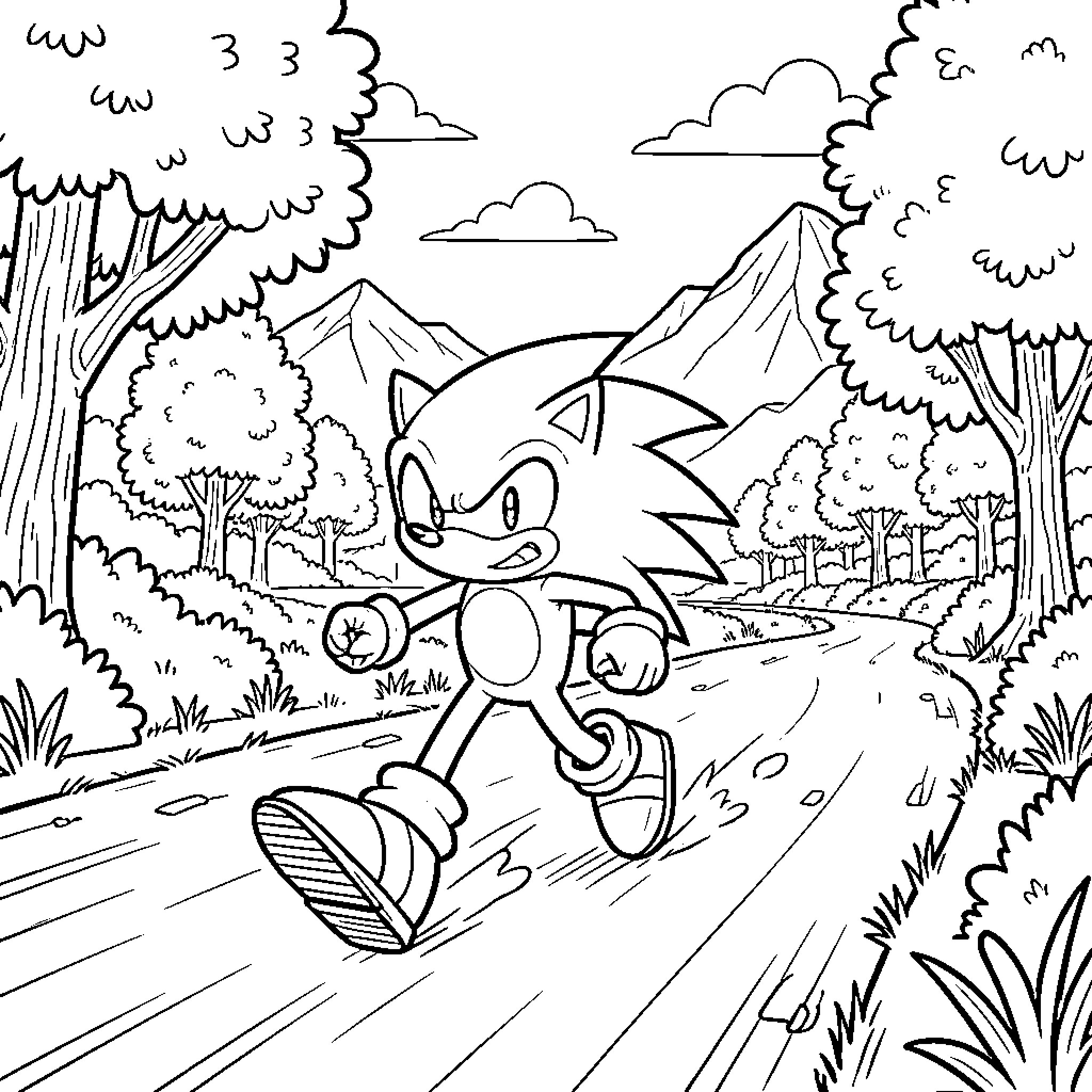 Sonic running energetically through a scenic landscape Coloring Page (free black-and-white line drawing printable PDF for all, from beginners to advanced learners, including children, teens, adults, and seniors)