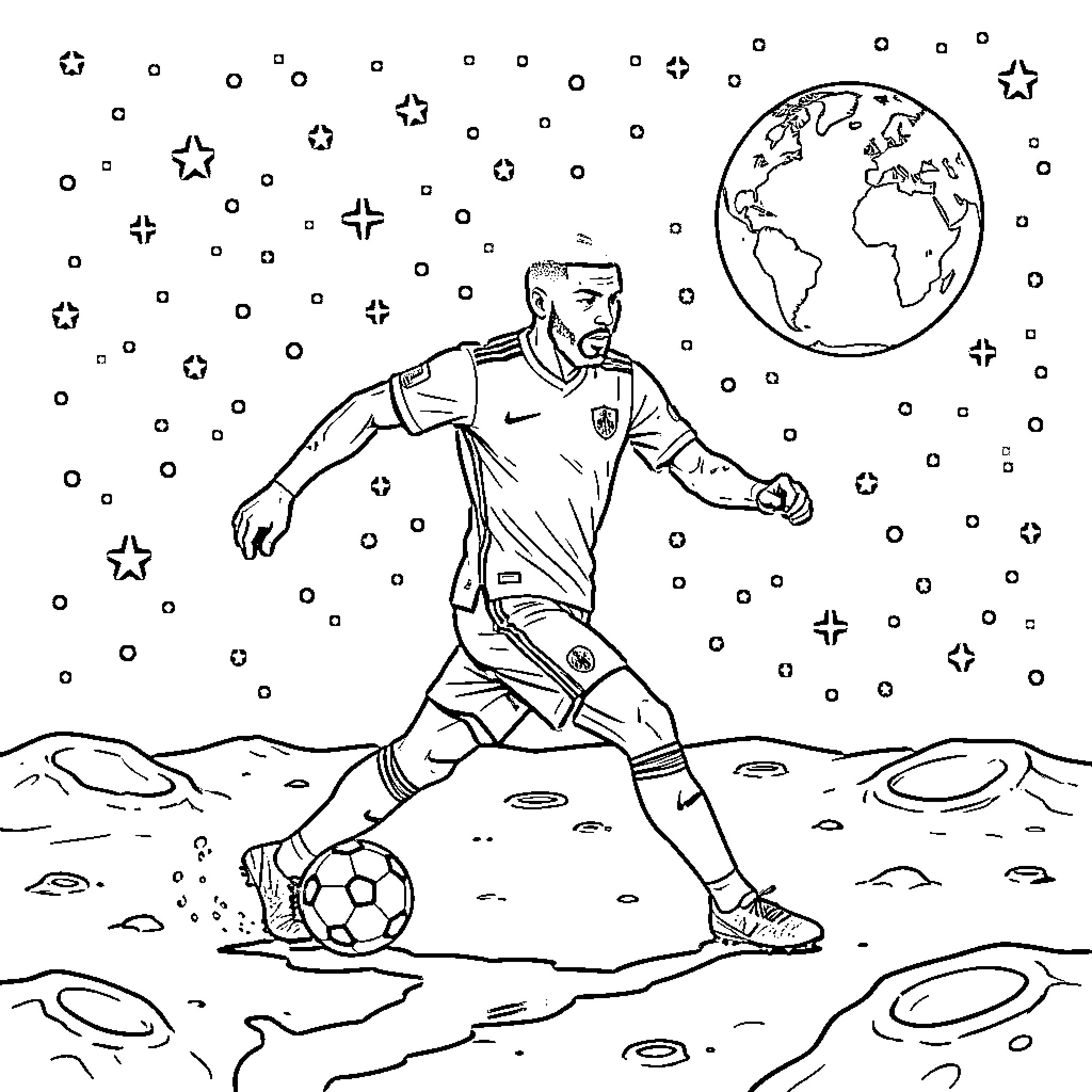 Mbappe playing soccer on the moon surface Coloring Page (free black-and-white line drawing printable PDF for all, from beginners to advanced learners, including children, teens, adults, and seniors)