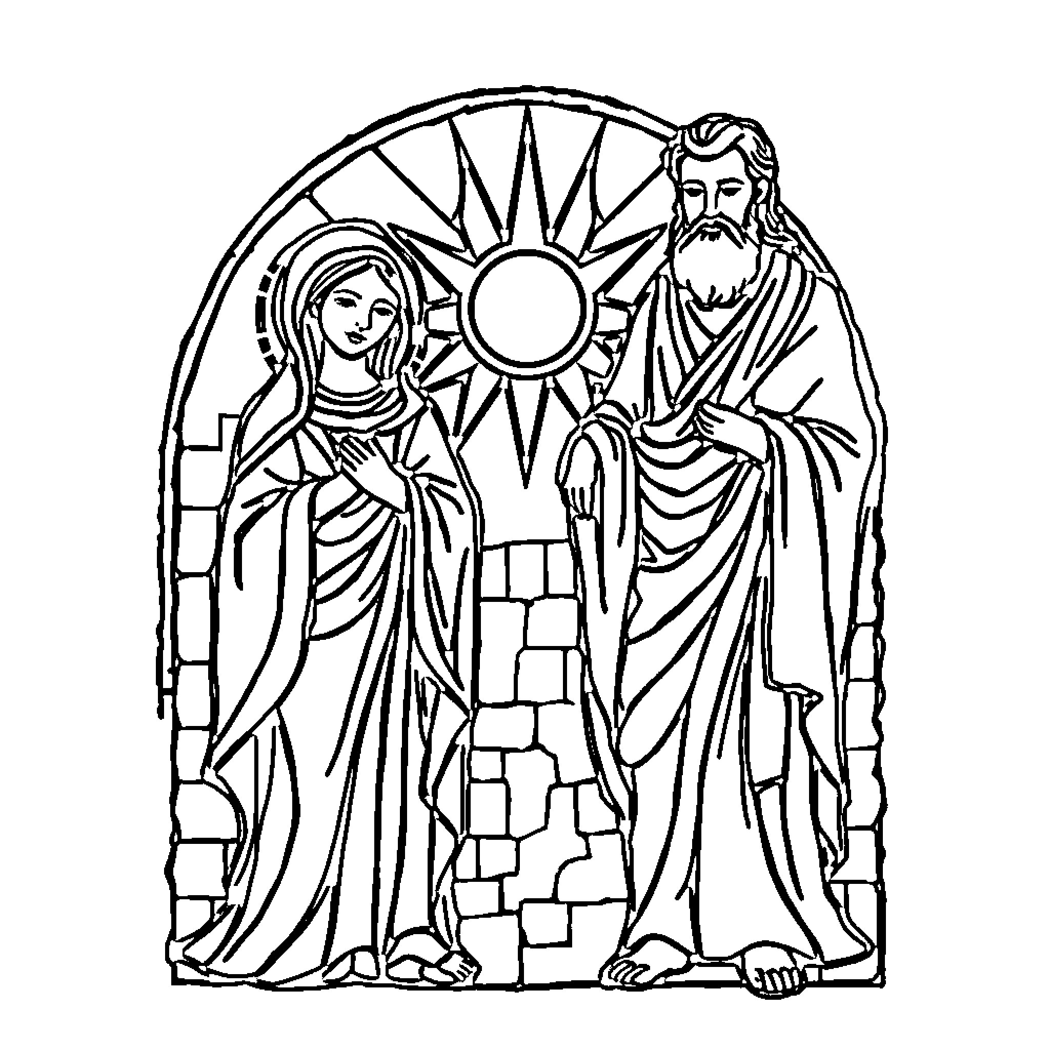 Mosaic Depiction of Religious Figures Coloring Page (free black-and-white line drawing printable PDF for all, from beginners to advanced learners, including children, teens, adults, and seniors)