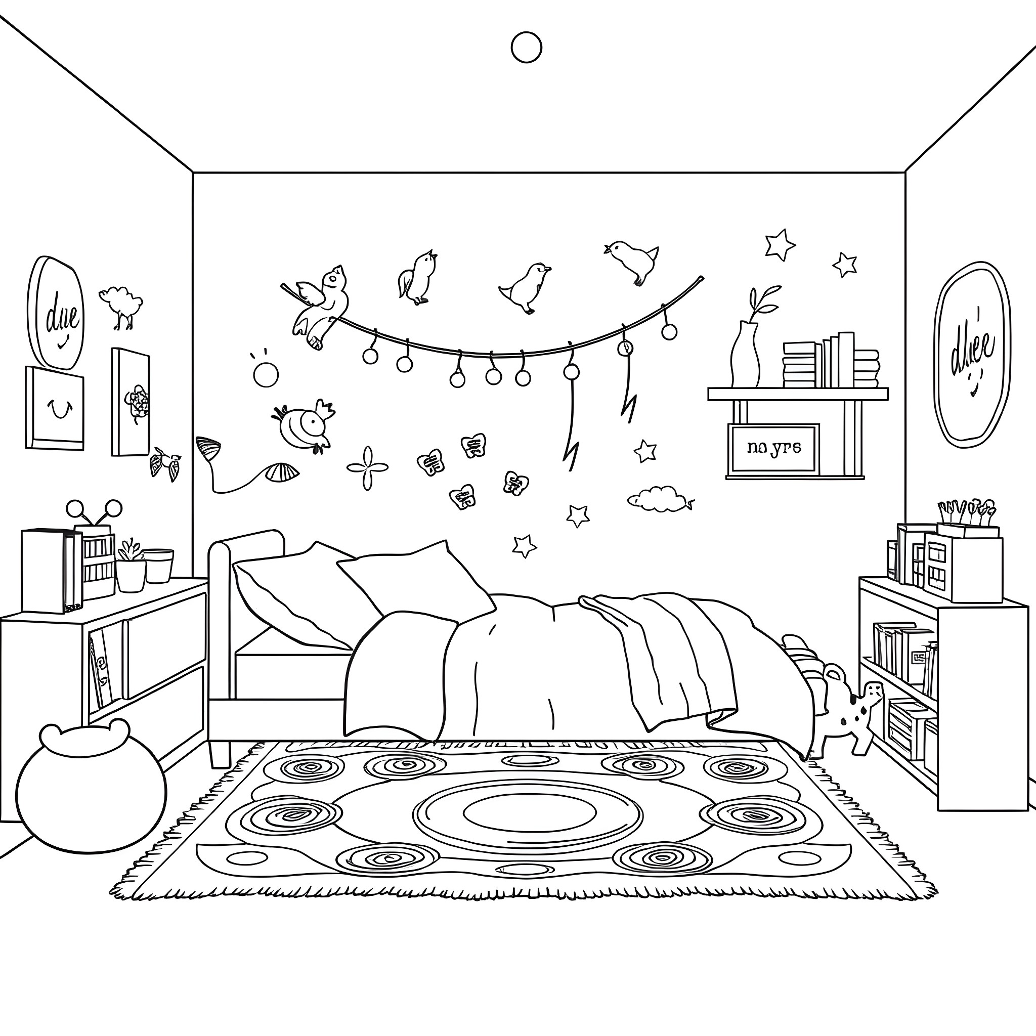 Kid's cozy bedroom with decorative elements Coloring Page (free black-and-white line drawing printable PDF for all, from beginners to advanced learners, including children, teens, adults, and seniors)