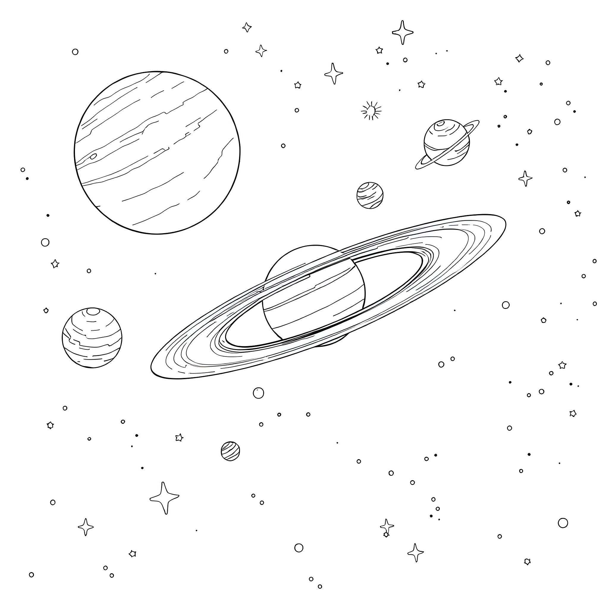 Planet Exploration in the Cosmic Landscape Coloring Page (free black-and-white line drawing printable PDF for all, from beginners to advanced learners, including children, teens, adults, and seniors)