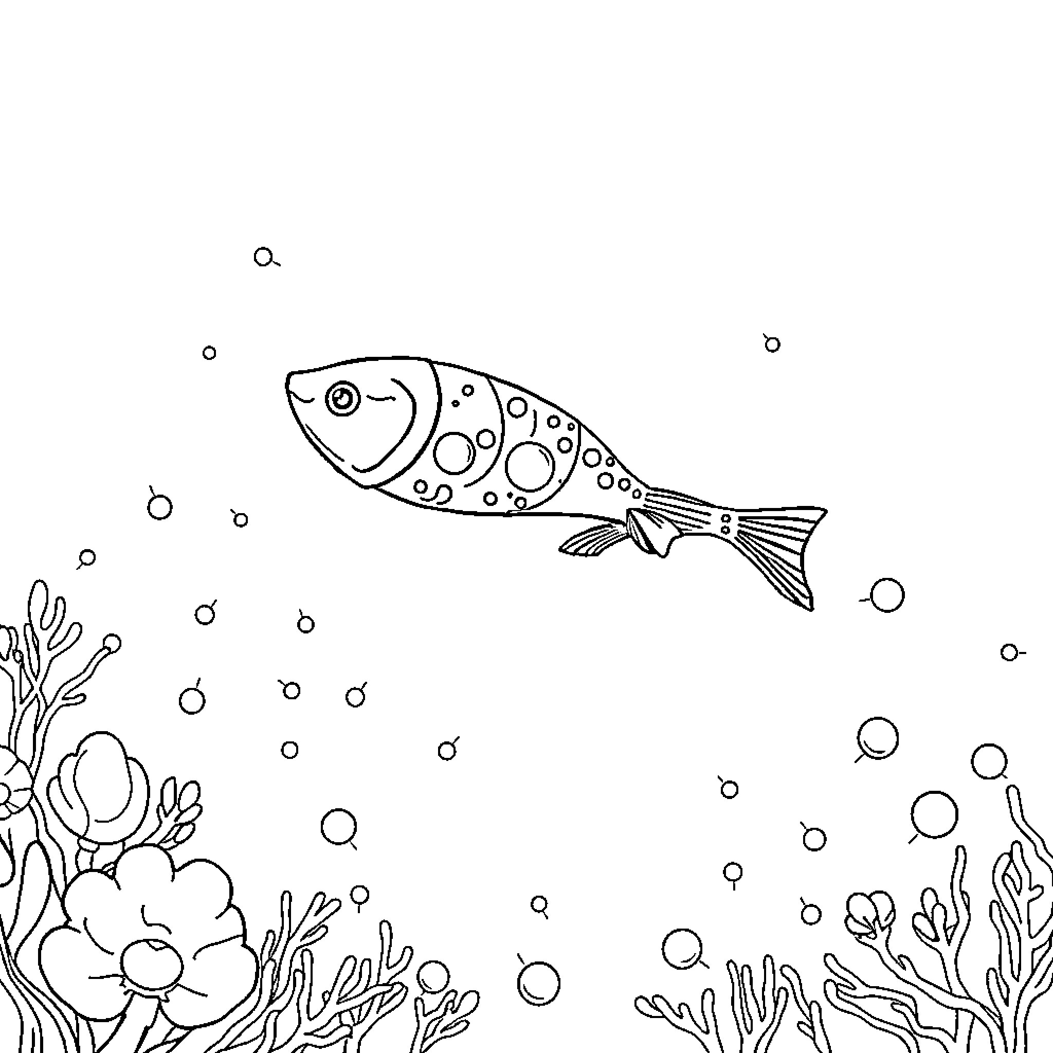 Phytoplankton swimming through underwater flora Coloring Page (free black-and-white line drawing printable PDF for all, from beginners to advanced learners, including children, teens, adults, and seniors)