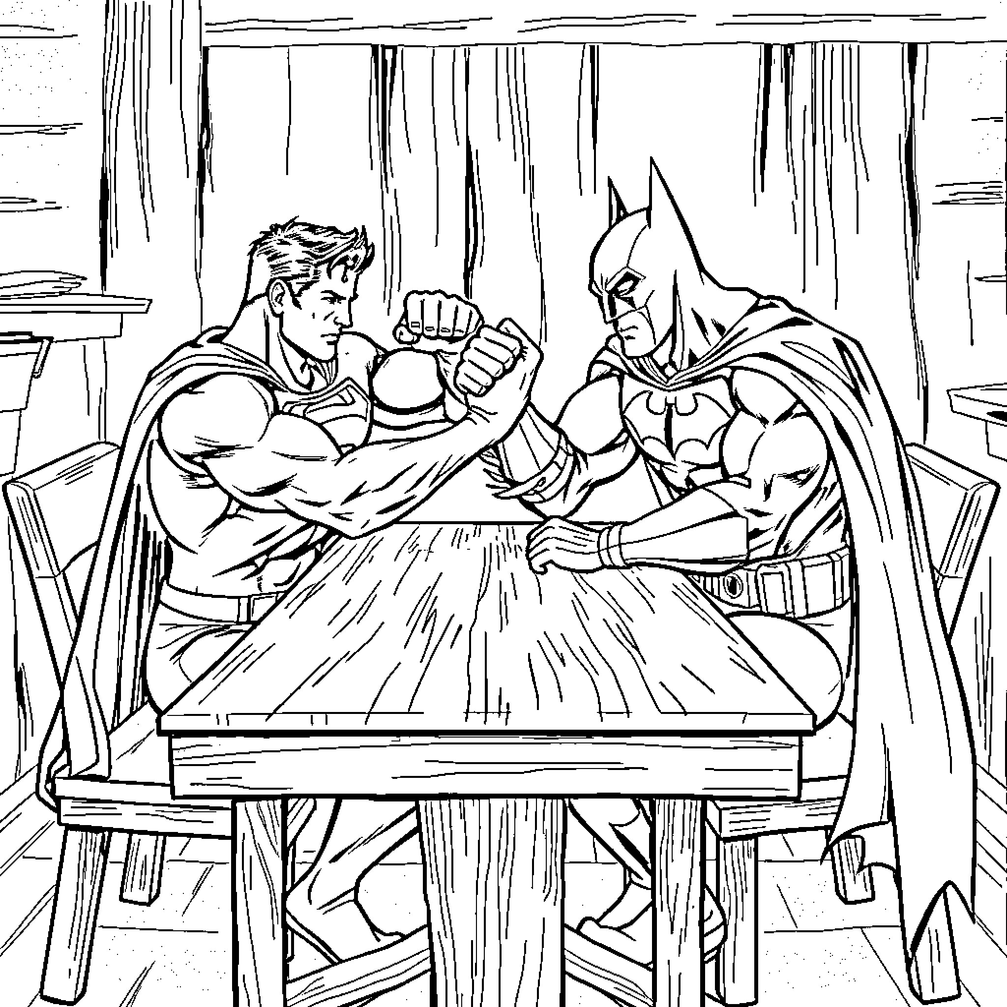 Superman and Batman in an intense arm wrestling match Coloring Page (free black-and-white line drawing printable PDF for all, from beginners to advanced learners, including children, teens, adults, and seniors)