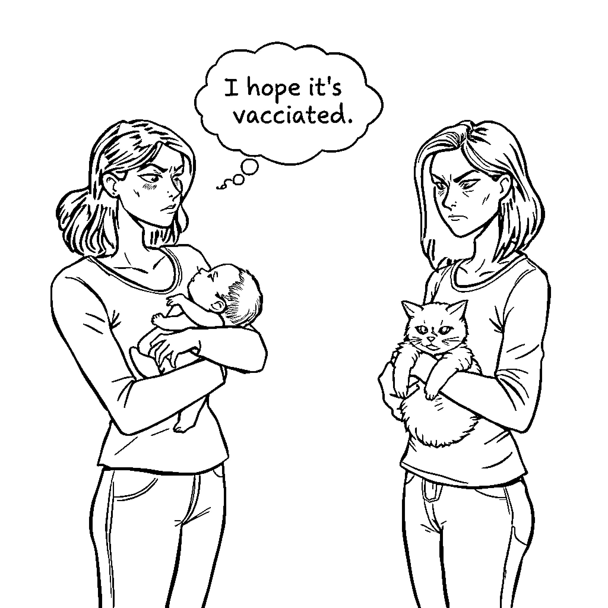Woman expresses concern about vaccination with child and pet Coloring Page (free black-and-white line drawing printable PDF for all, from beginners to advanced learners, including children, teens, adults, and seniors)