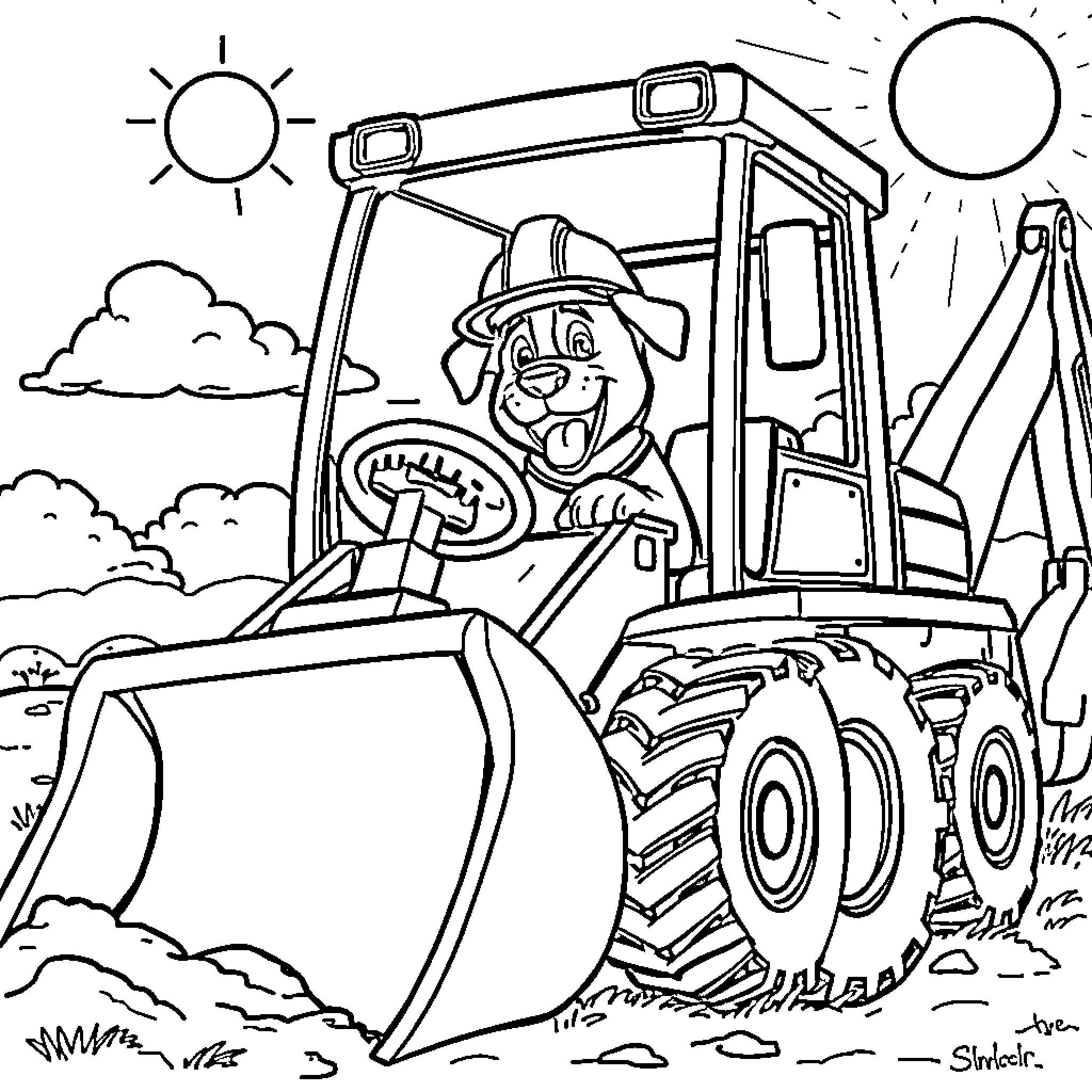 Dog operating heavy construction equipment on sunny day Coloring Page (free black-and-white line drawing printable PDF for all, from beginners to advanced learners, including children, teens, adults, and seniors)