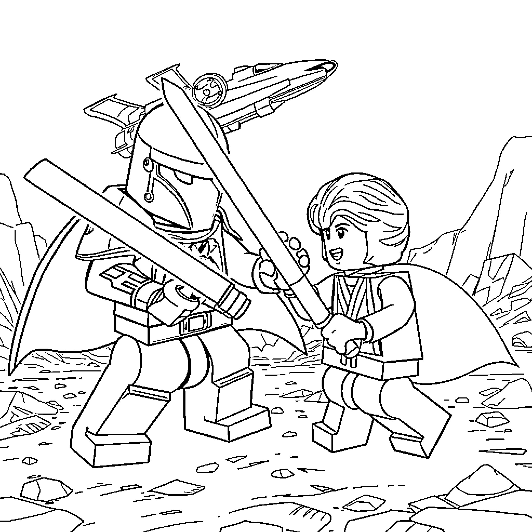 Morphoknight battles heroically in a sci-fi landscape Coloring Page (free black-and-white line drawing printable PDF for all, from beginners to advanced learners, including children, teens, adults, and seniors)
