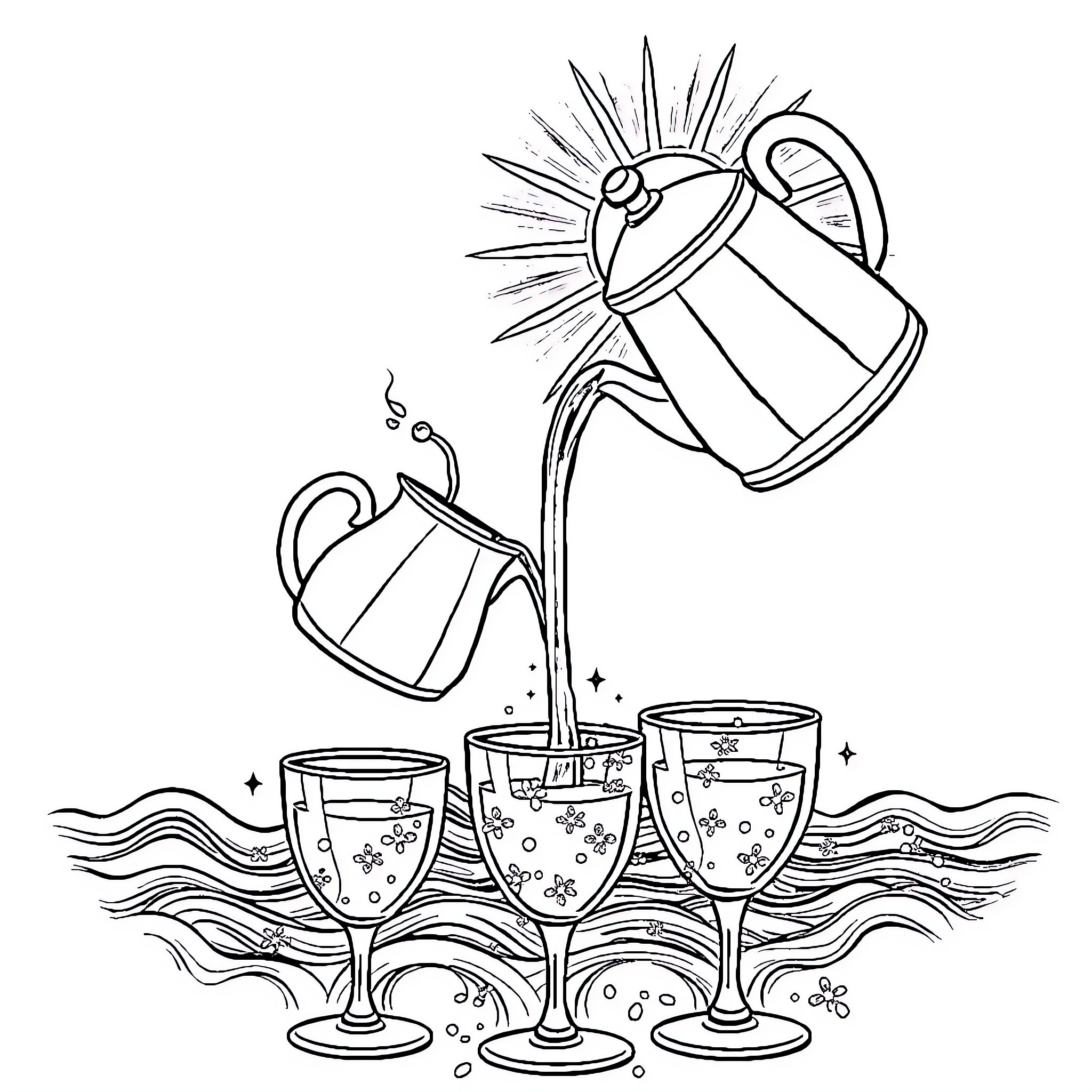 Coffee being poured into sparkling glasses Coloring Page (free black-and-white line drawing printable PDF for all, from beginners to advanced learners, including children, teens, adults, and seniors)