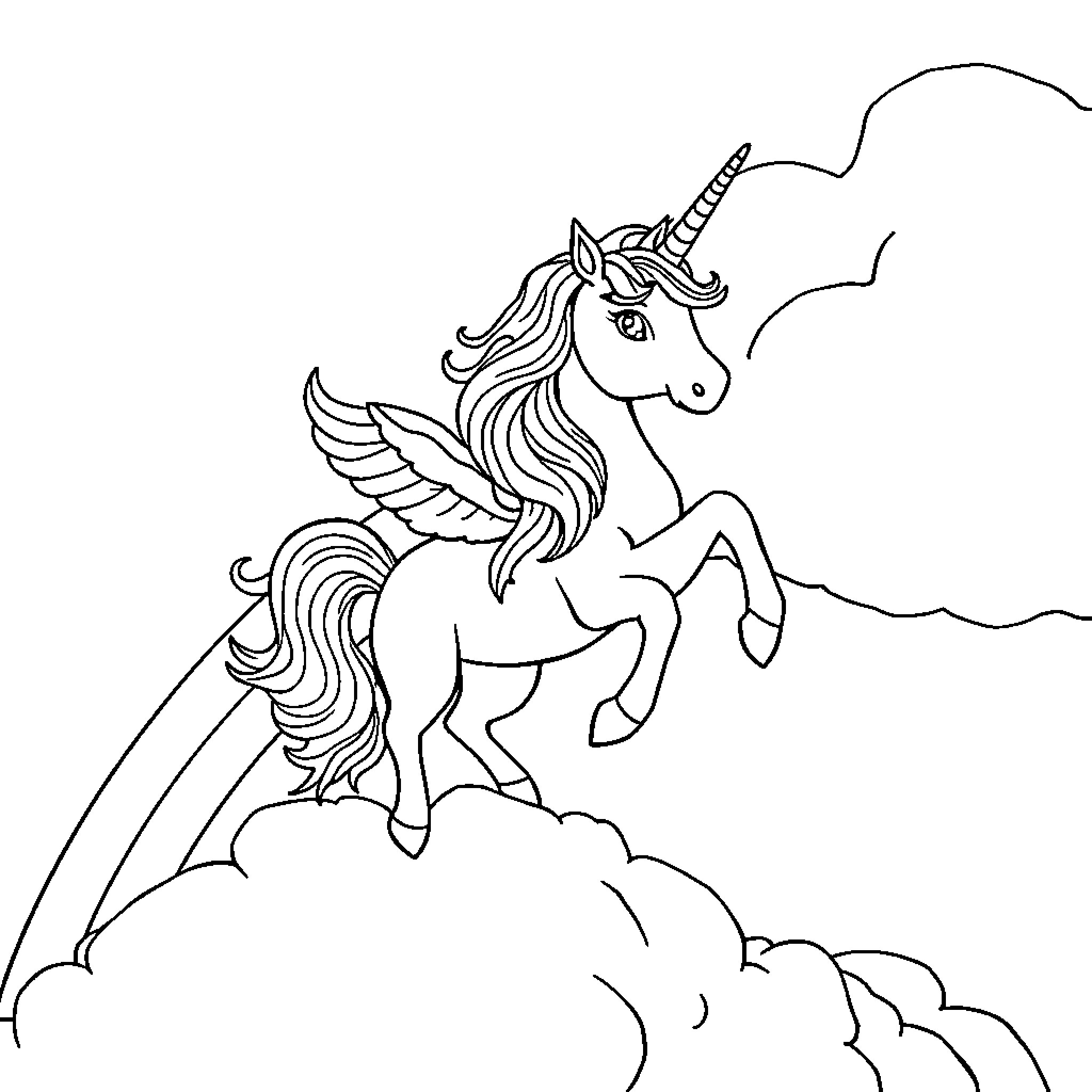 Unicorn soaring through the clouds Coloring Page (free black-and-white line drawing printable PDF for all, from beginners to advanced learners, including children, teens, adults, and seniors)