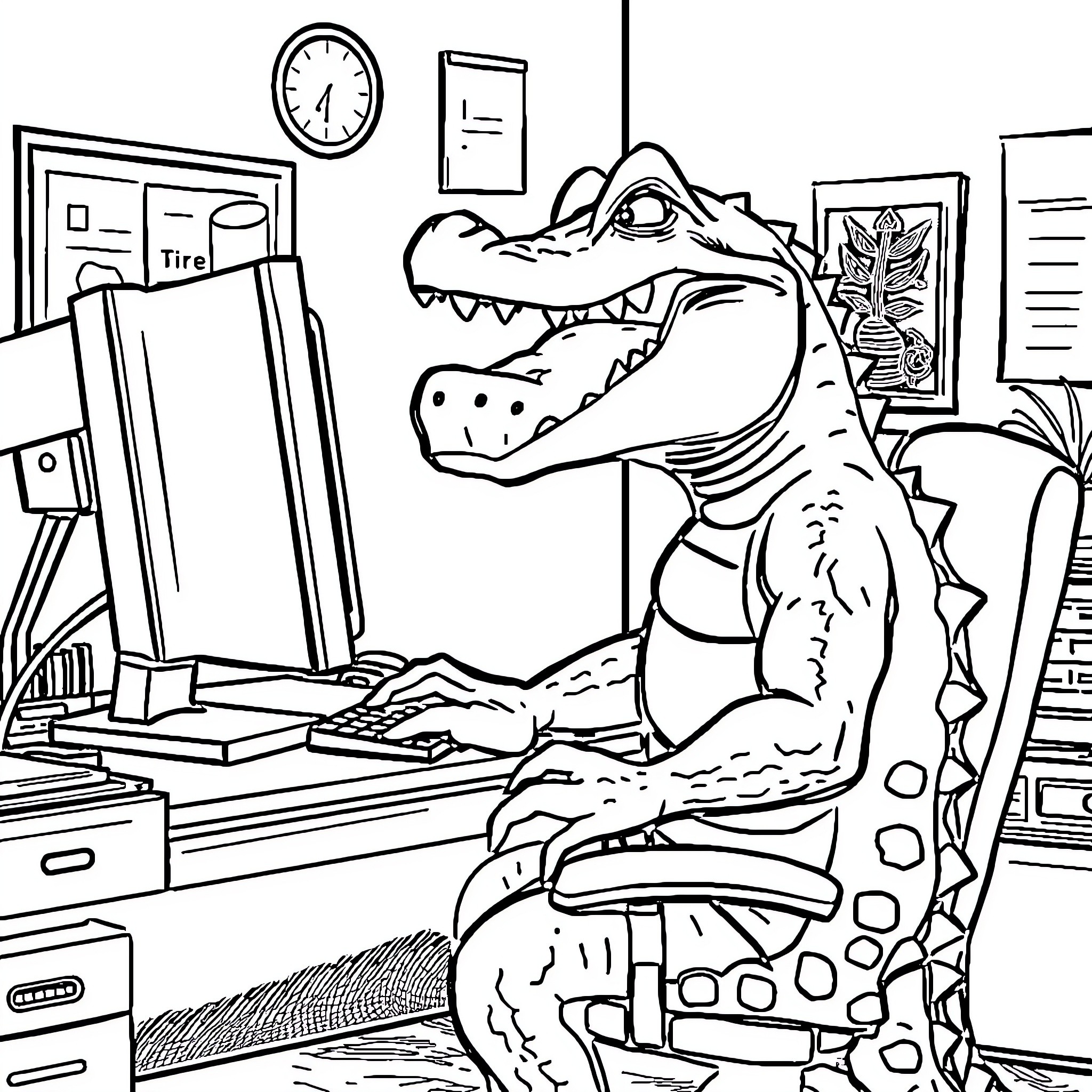 Crocodile working on computer in an office Coloring Page (free black-and-white line drawing printable PDF for all, from beginners to advanced learners, including children, teens, adults, and seniors)