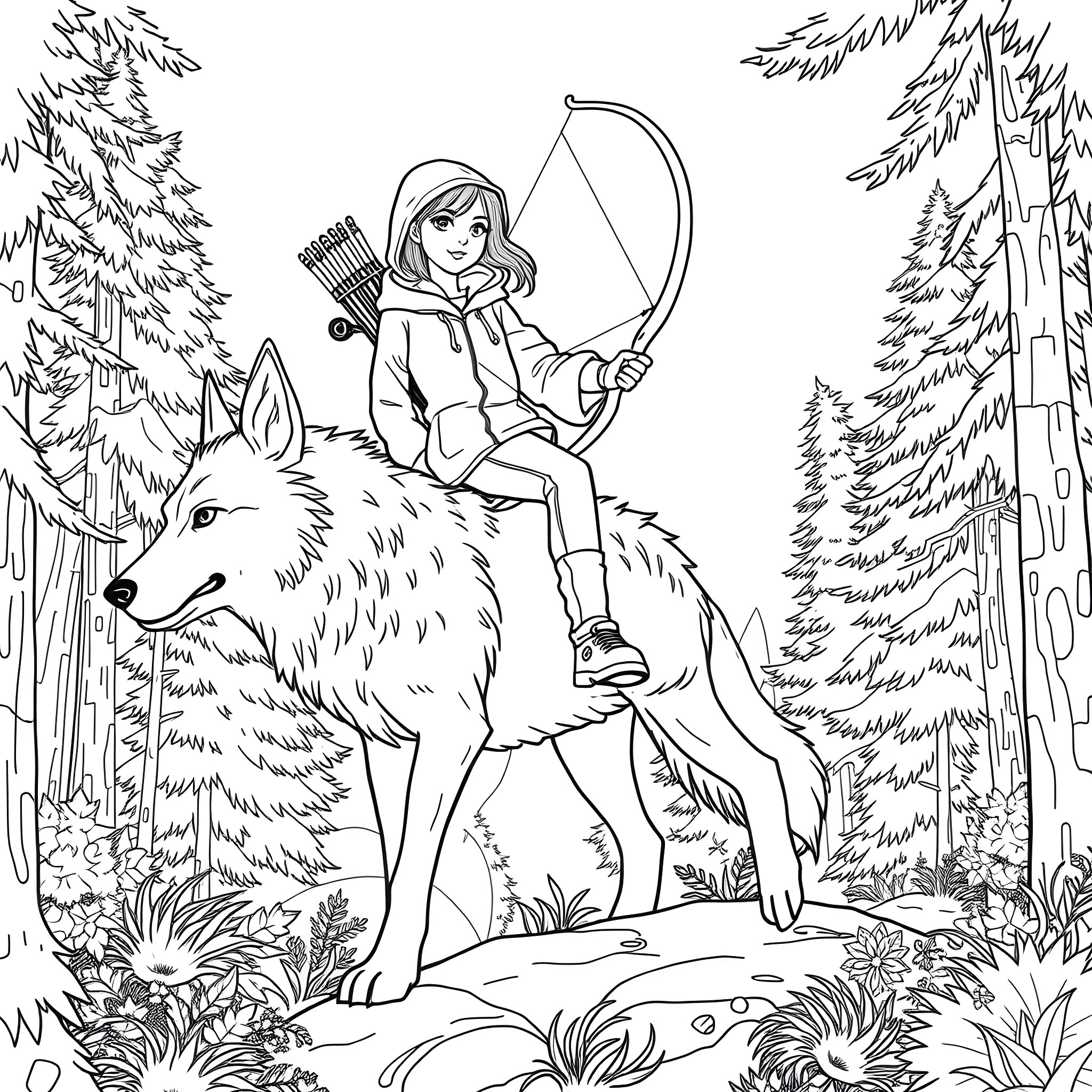 Teen Girl Riding Majestic Wolf in Forest Wilderness Coloring Page (free black-and-white line drawing printable PDF for all, from beginners to advanced learners, including children, teens, adults, and seniors)