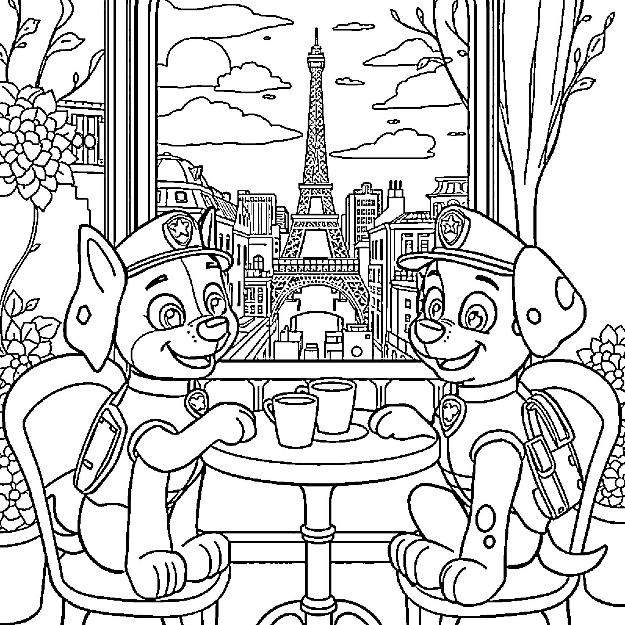 Paw Patrol Enjoying a Parisian Adventure Coloring Page (free black-and-white line drawing printable PDF for all, from beginners to advanced learners, including children, teens, adults, and seniors)