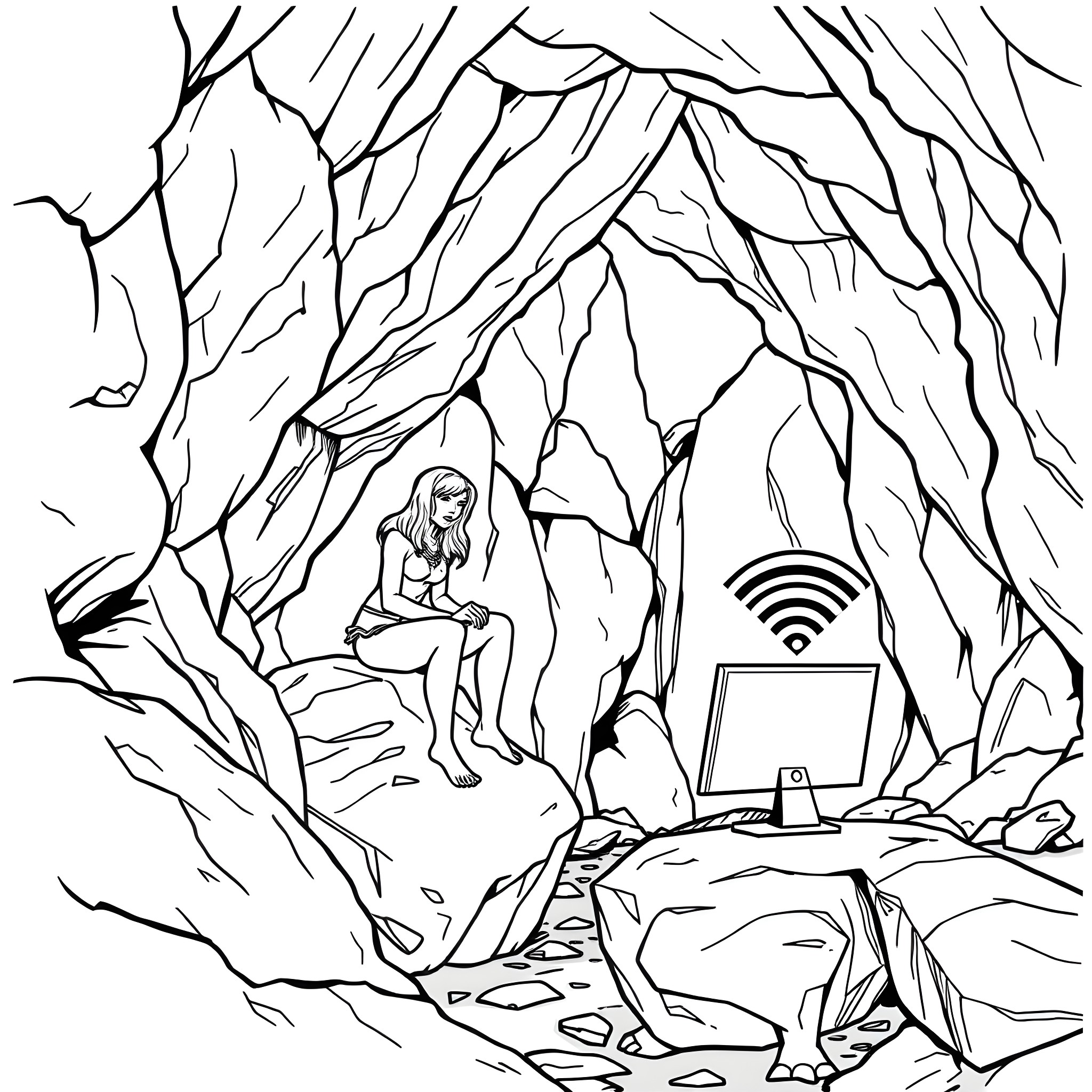 Cavewoman explores the digital wilderness Coloring Page (free black-and-white line drawing printable PDF for all, from beginners to advanced learners, including children, teens, adults, and seniors)
