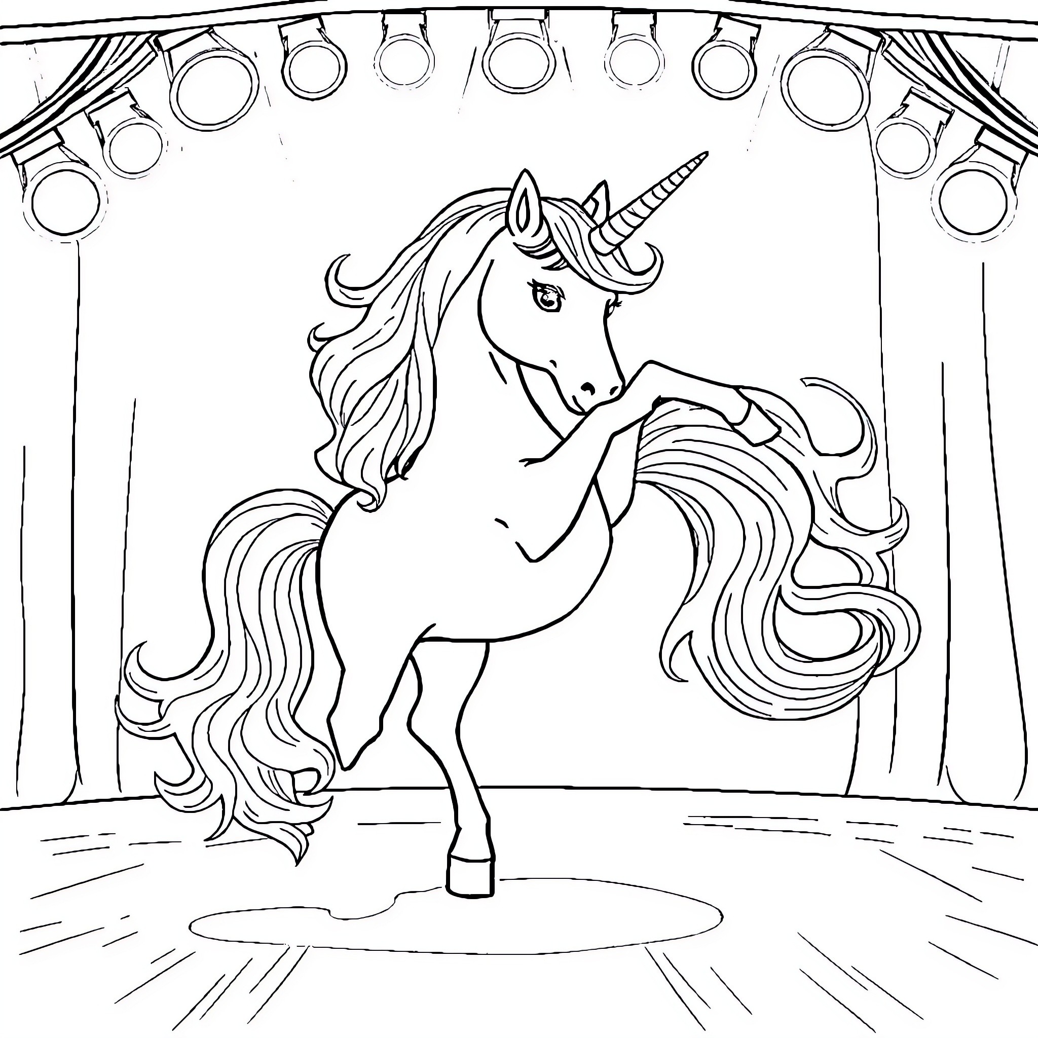 Unicorn performing on stage Coloring Page (free black-and-white line drawing printable PDF for all, from beginners to advanced learners, including children, teens, adults, and seniors)