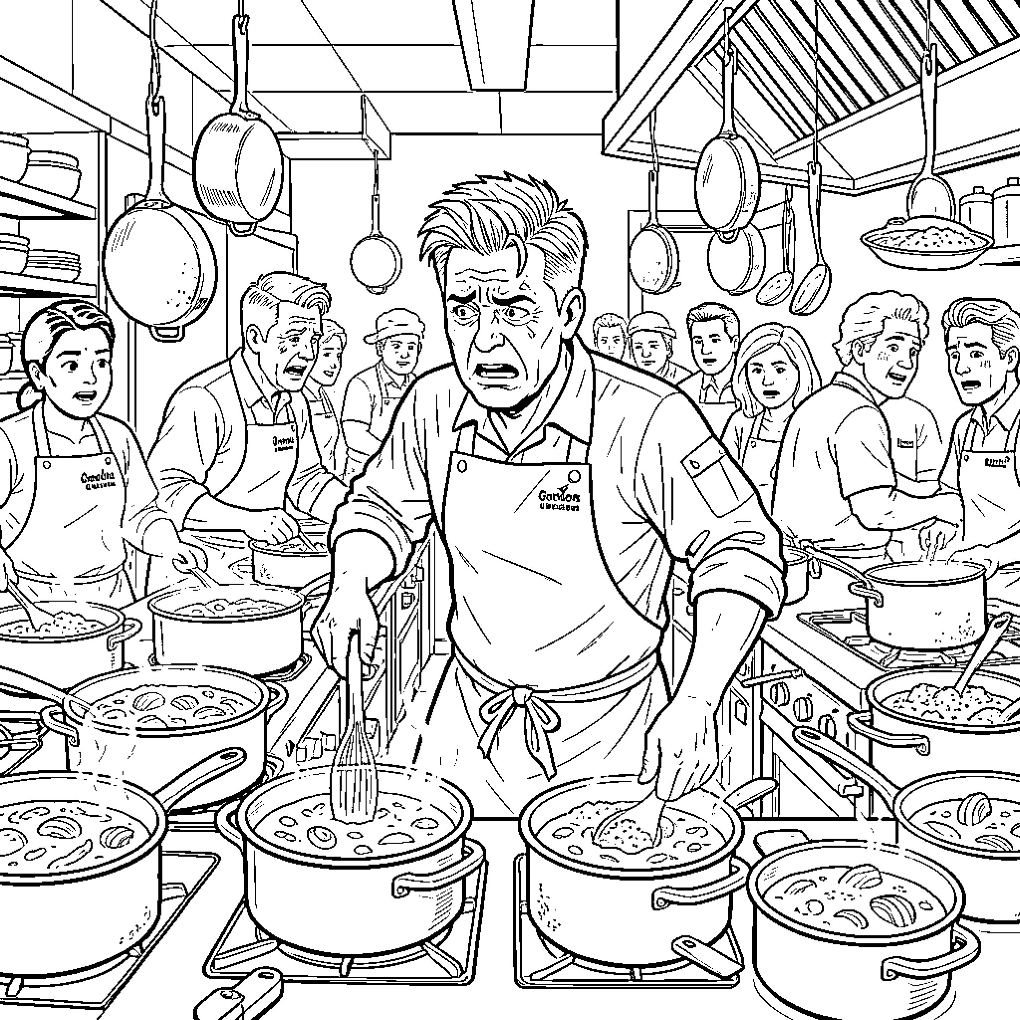 Gordon Ramsay looking stressed while cooking in a kitchen Coloring Page (free black-and-white line drawing printable PDF for all, from beginners to advanced learners, including children, teens, adults, and seniors)