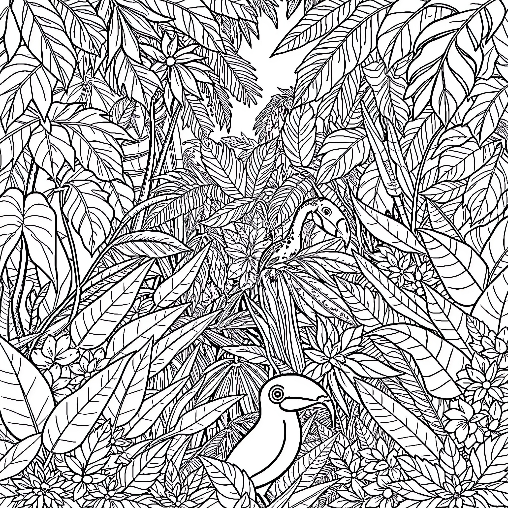 Jungle scene with tropical plants and birds Coloring Page (free black-and-white line drawing printable PDF for all, from beginners to advanced learners, including children, teens, adults, and seniors)