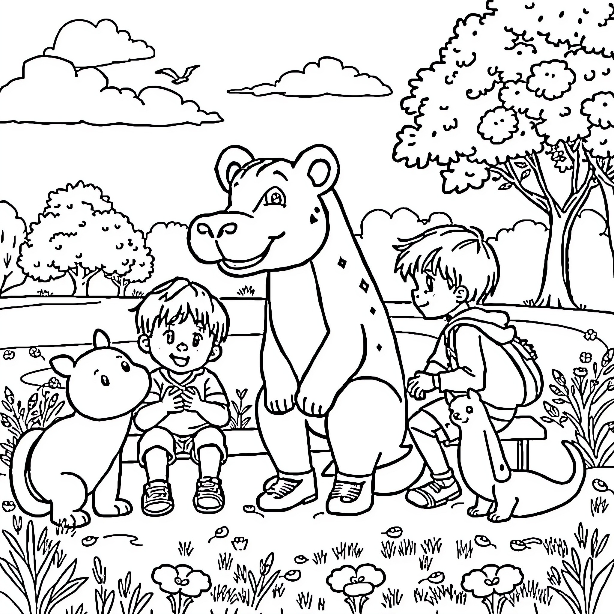 Animal friends playing in the park Coloring Page (free black-and-white line drawing printable PDF for all, from beginners to advanced learners, including children, teens, adults, and seniors)