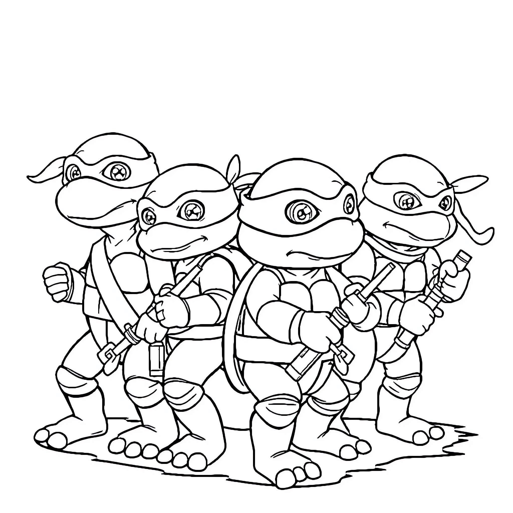 Squirtle and Ninja Turtle Friends in Action Coloring Page (free black-and-white line drawing printable PDF for all, from beginners to advanced learners, including children, teens, adults, and seniors)