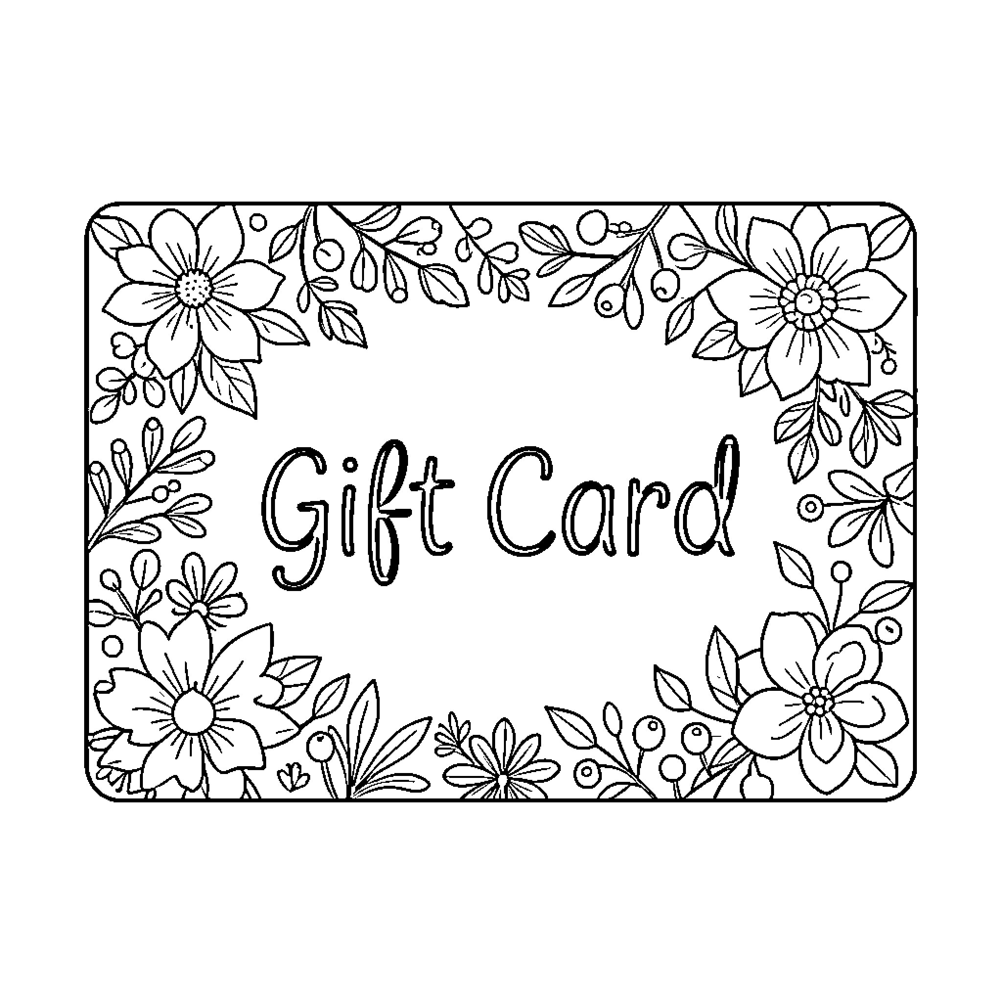 Gift Card framed by blooming floral patterns Coloring Page (free black-and-white line drawing printable PDF for all, from beginners to advanced learners, including children, teens, adults, and seniors)