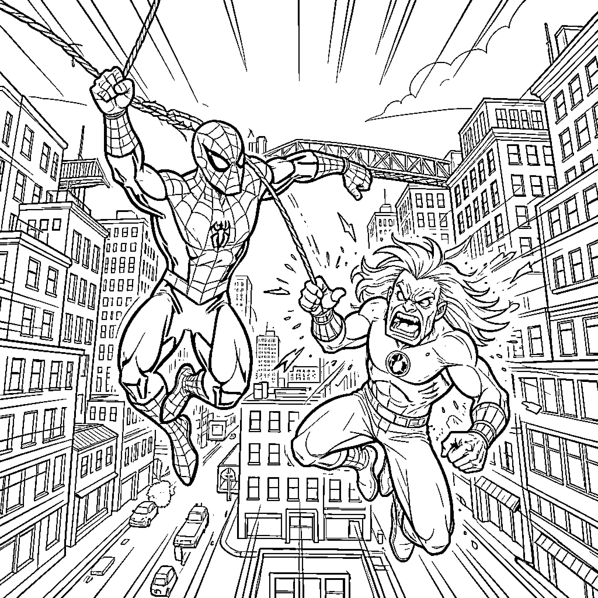 Spidey battling a powerful foe in the city Coloring Page (free black-and-white line drawing printable PDF for all, from beginners to advanced learners, including children, teens, adults, and seniors)