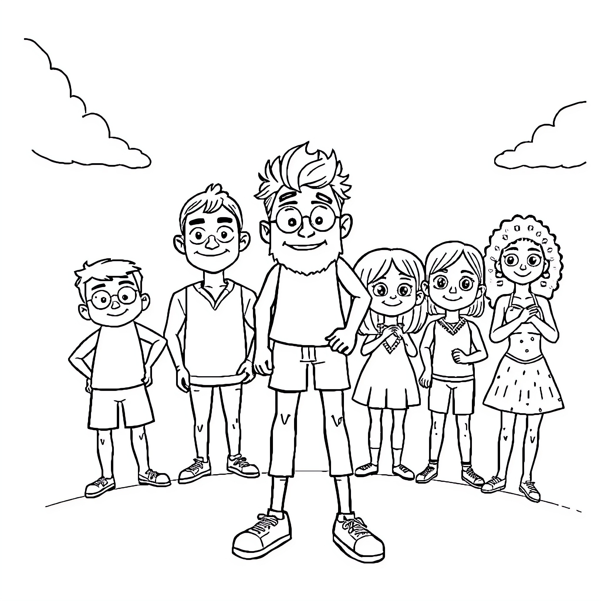 Adult group of happy friends posing for a picture Coloring Page (free black-and-white line drawing printable PDF for all, from beginners to advanced learners, including children, teens, adults, and seniors)