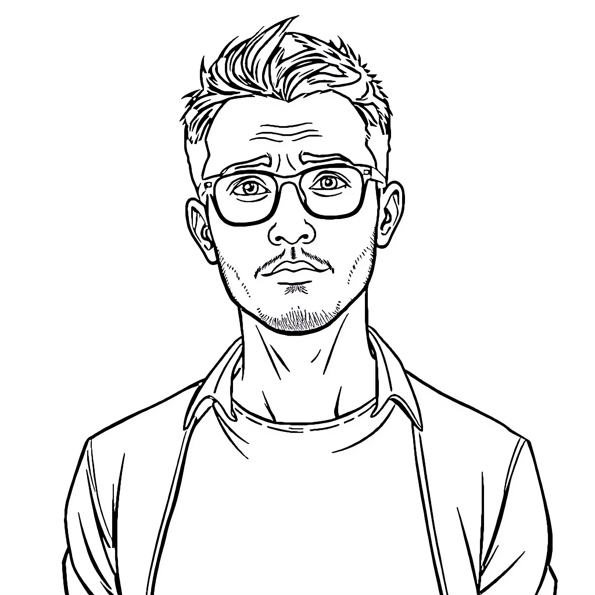 Man in glasses with serious expression Coloring Page (free black-and-white line drawing printable PDF for all, from beginners to advanced learners, including children, teens, adults, and seniors)